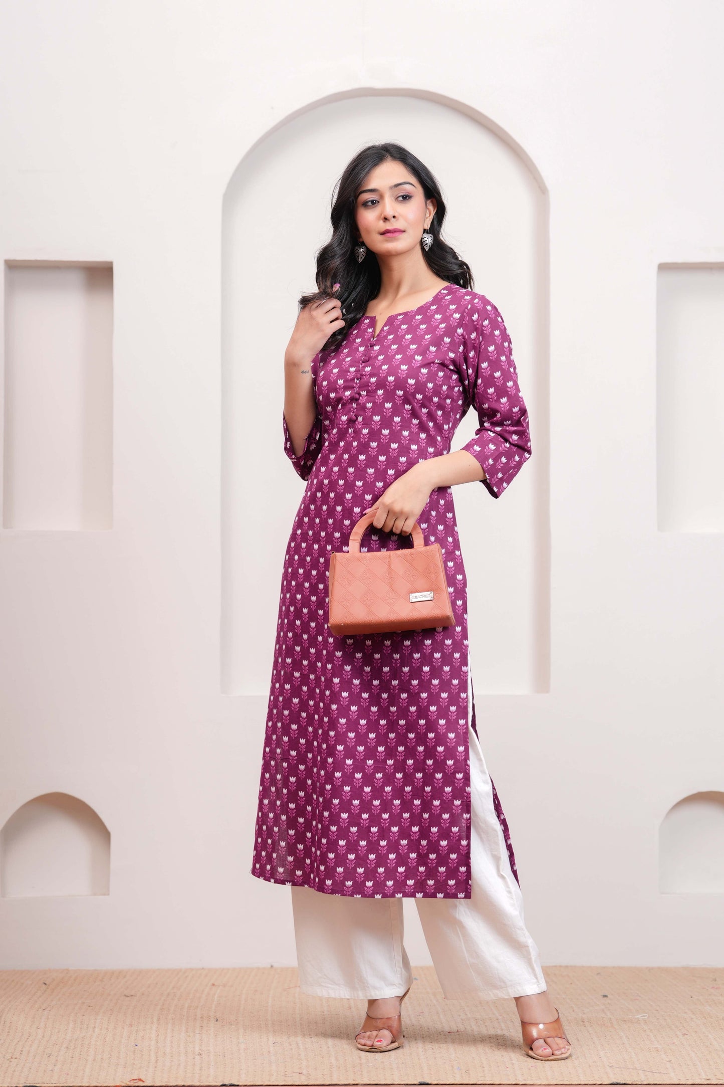 Women Purple Printed Straight Kurta with Three Quarter Sleeves | LASVINI - Redefining Indian Fashion with Elegance