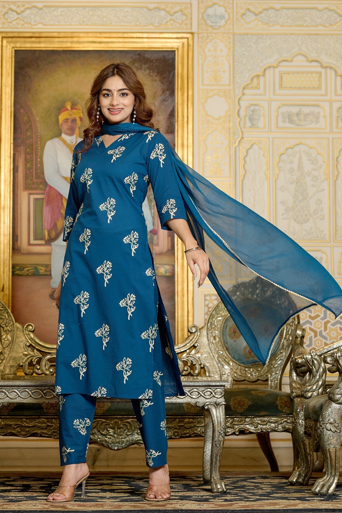 Women Teal Printed Kurts & Trouser with Dupatta | LASVINI - Redefining Indian Fashion with Elegance