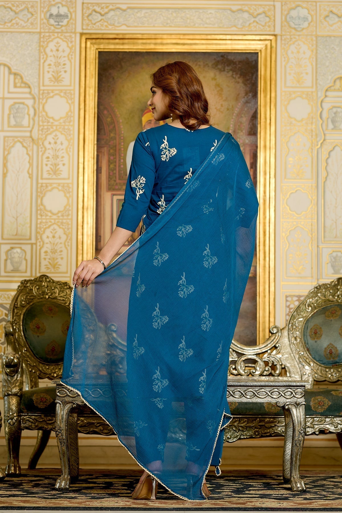 Women Teal Printed Kurts & Trouser with Dupatta | LASVINI - Redefining Indian Fashion with Elegance