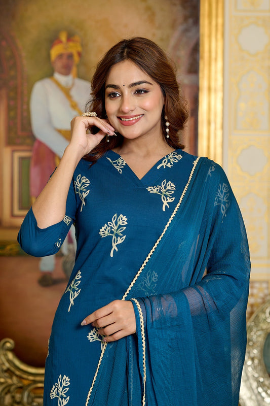 Women Teal Printed Kurts & Trouser with Dupatta | LASVINI - Redefining Indian Fashion with Elegance