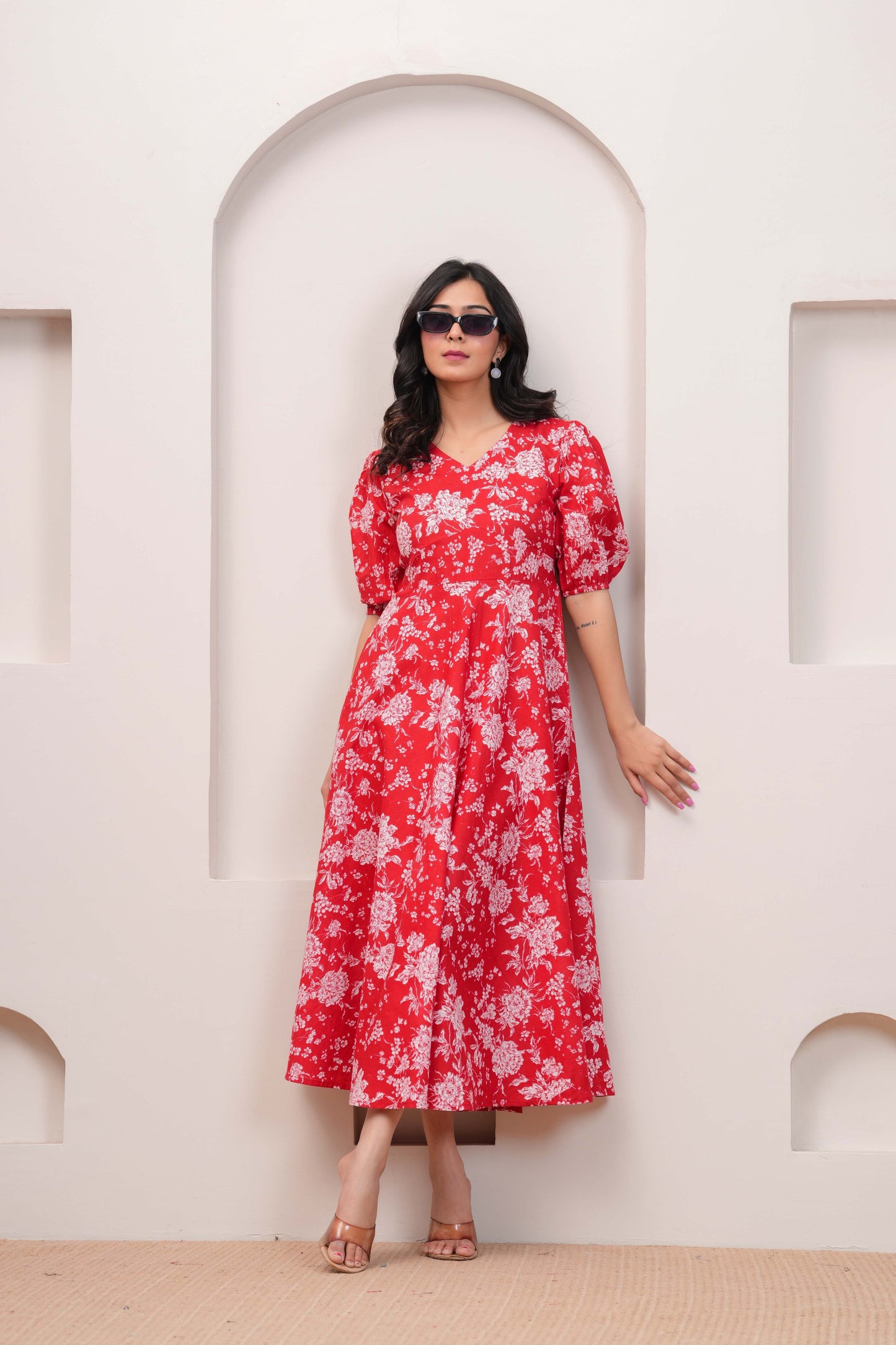 Red Floral Printed Flared Dress for Women | LASVINI - Redefining Indian Fashion with Elegance