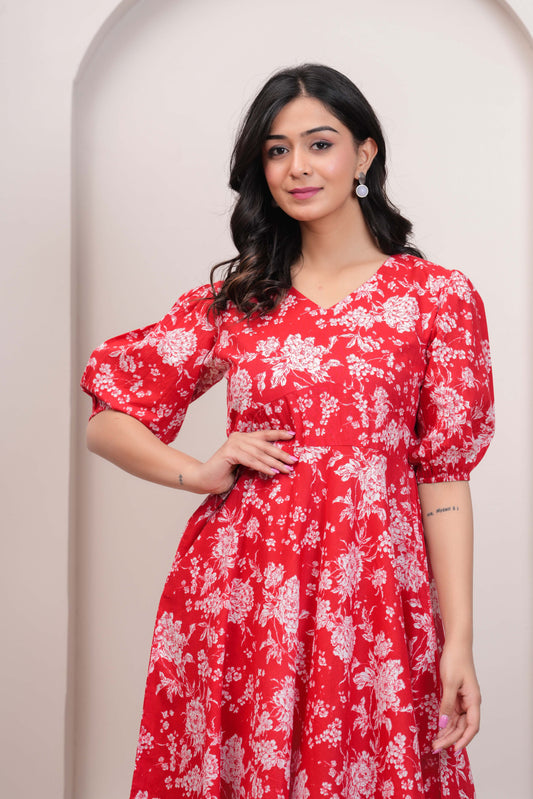 Red Floral Printed Flared Dress for Women | LASVINI - Redefining Indian Fashion with Elegance