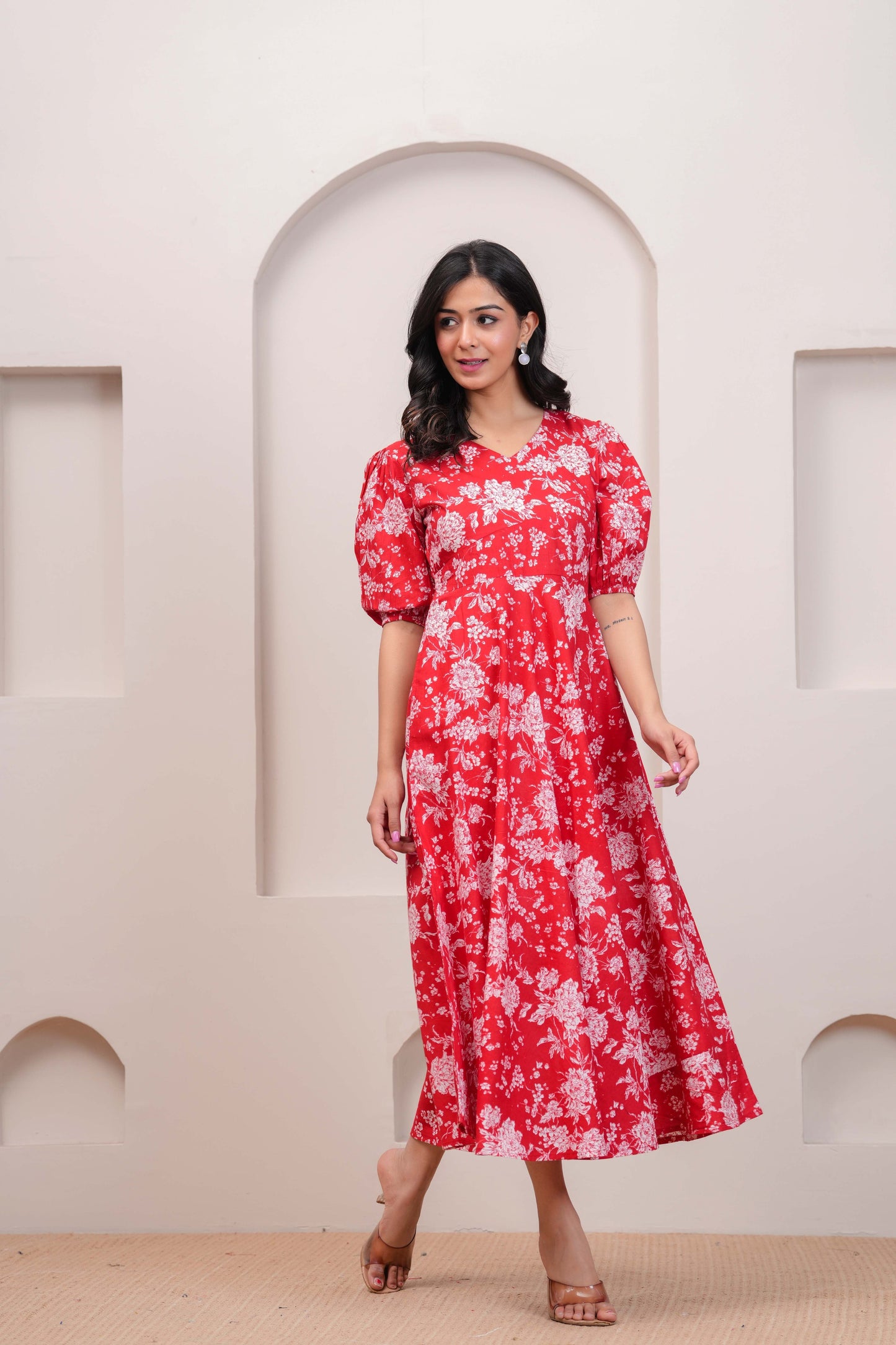 Red Floral Printed Flared Dress for Women | LASVINI - Redefining Indian Fashion with Elegance