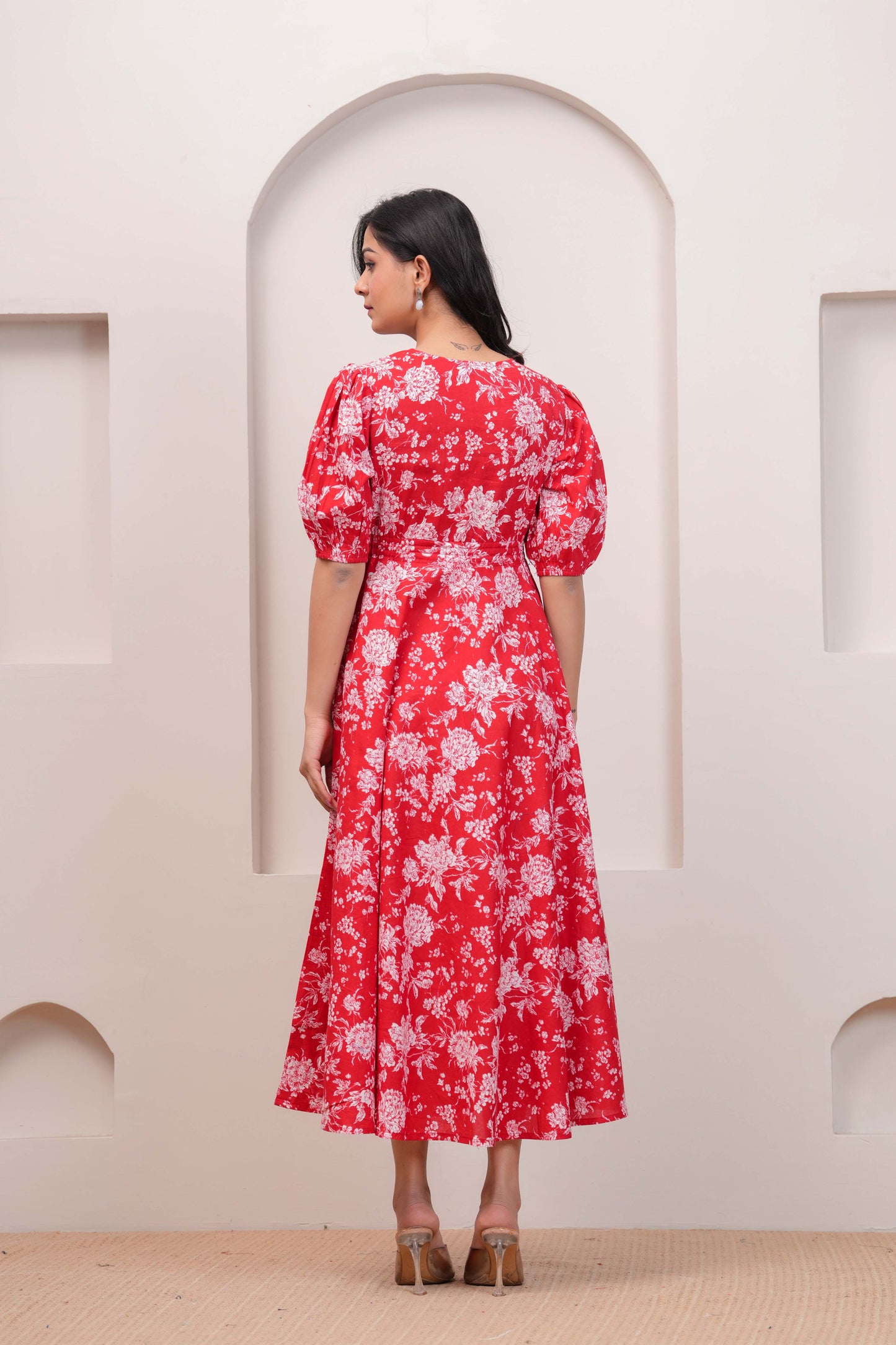 Red Floral Printed Flared Dress for Women | LASVINI - Redefining Indian Fashion with Elegance