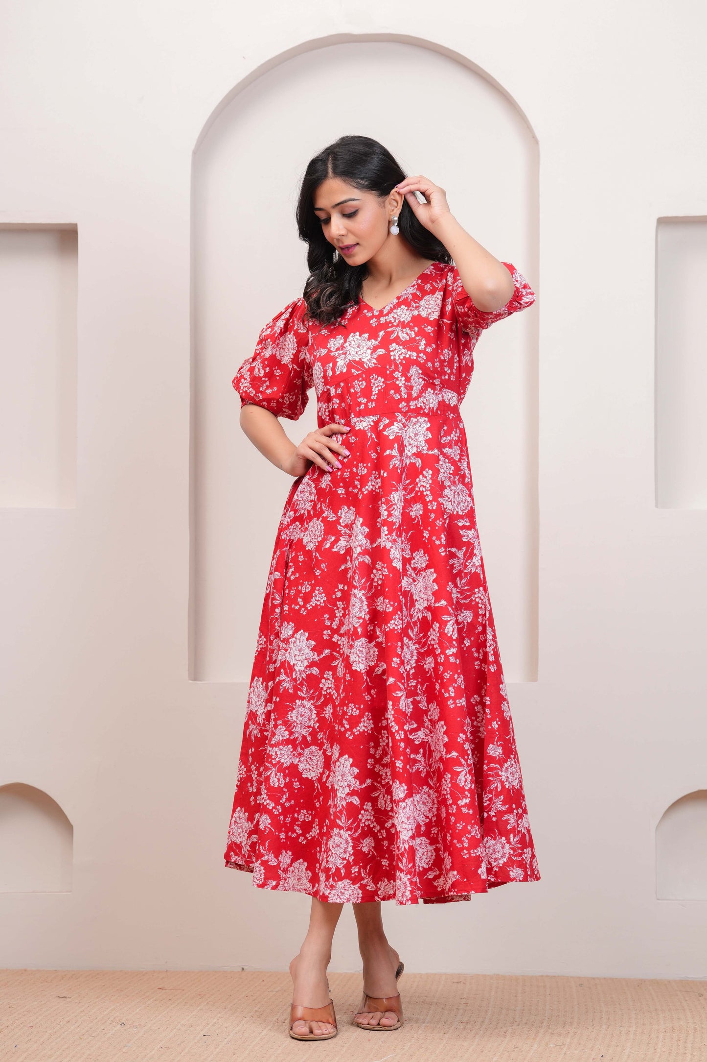 Red Floral Printed Flared Dress for Women | LASVINI - Redefining Indian Fashion with Elegance