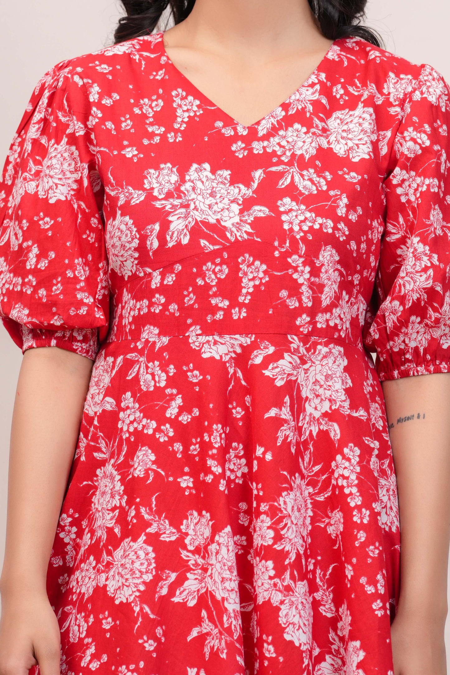 Red Floral Printed Flared Dress for Women | LASVINI - Redefining Indian Fashion with Elegance
