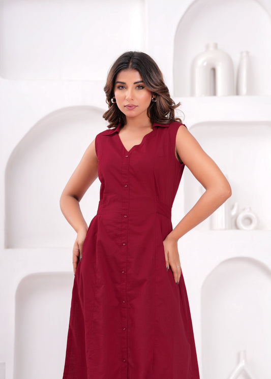 Solid Maroon Notched Collar Dress for Women | LASVINI - Redefining Indian Fashion with Elegance