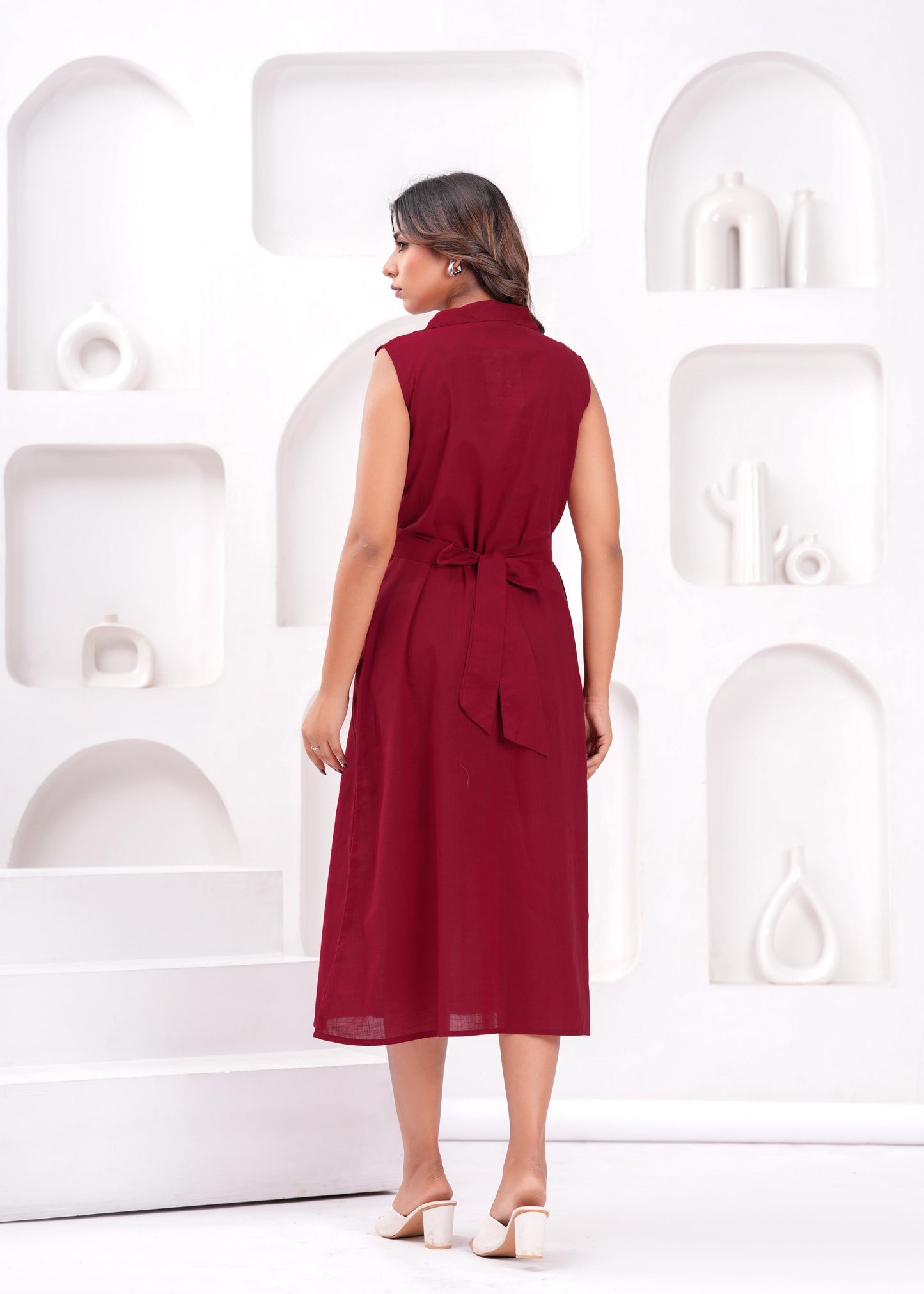 Solid Maroon Notched Collar Dress for Women | LASVINI - Redefining Indian Fashion with Elegance