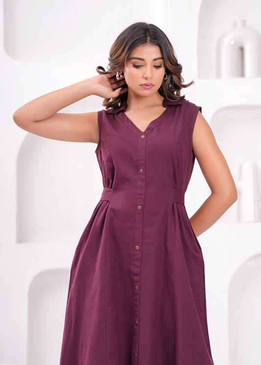 Solid Burgundy Notched Collar Dress for Women | LASVINI - Redefining Indian Fashion with Elegance