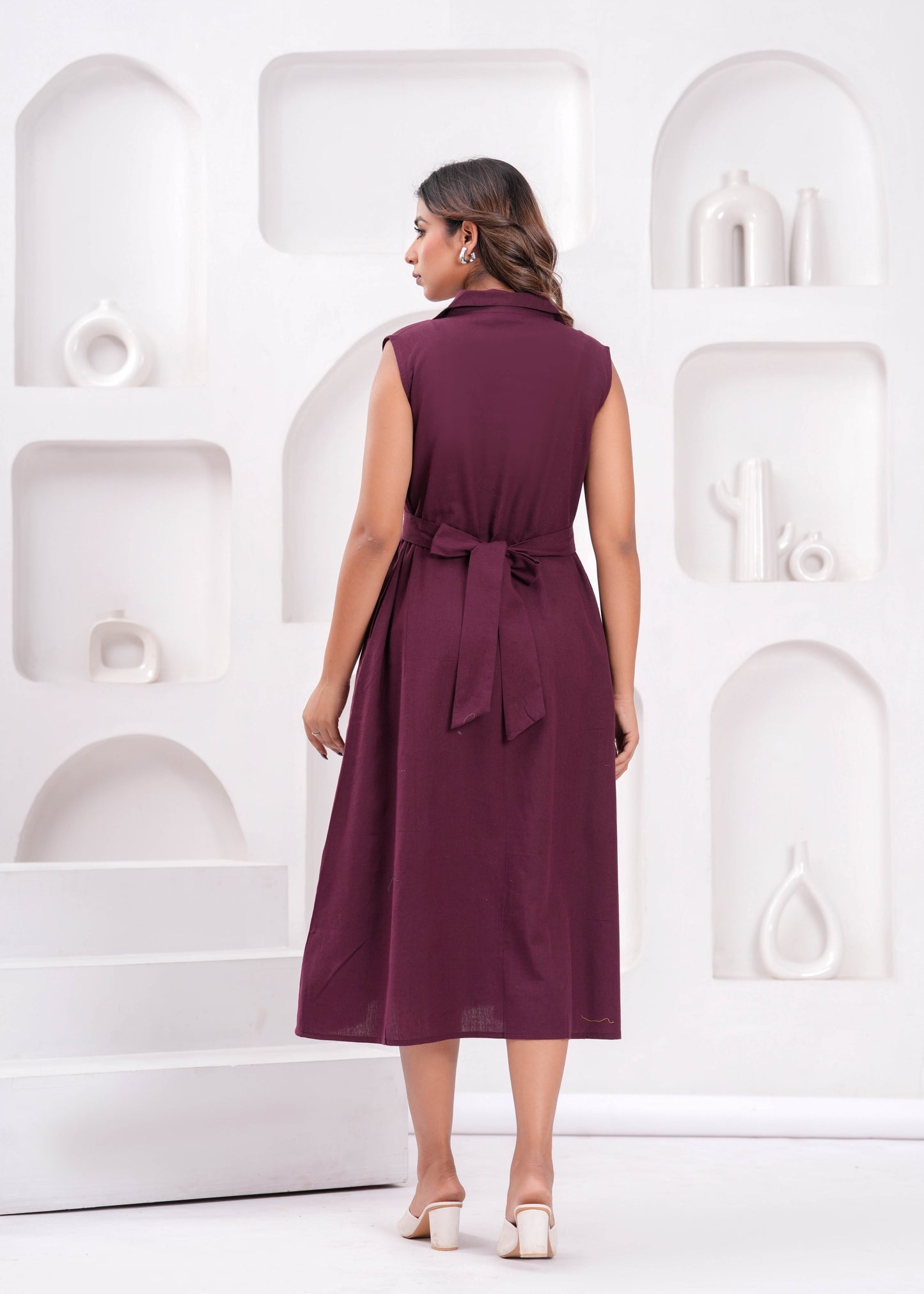 Solid Burgundy Notched Collar Dress for Women | LASVINI - Redefining Indian Fashion with Elegance