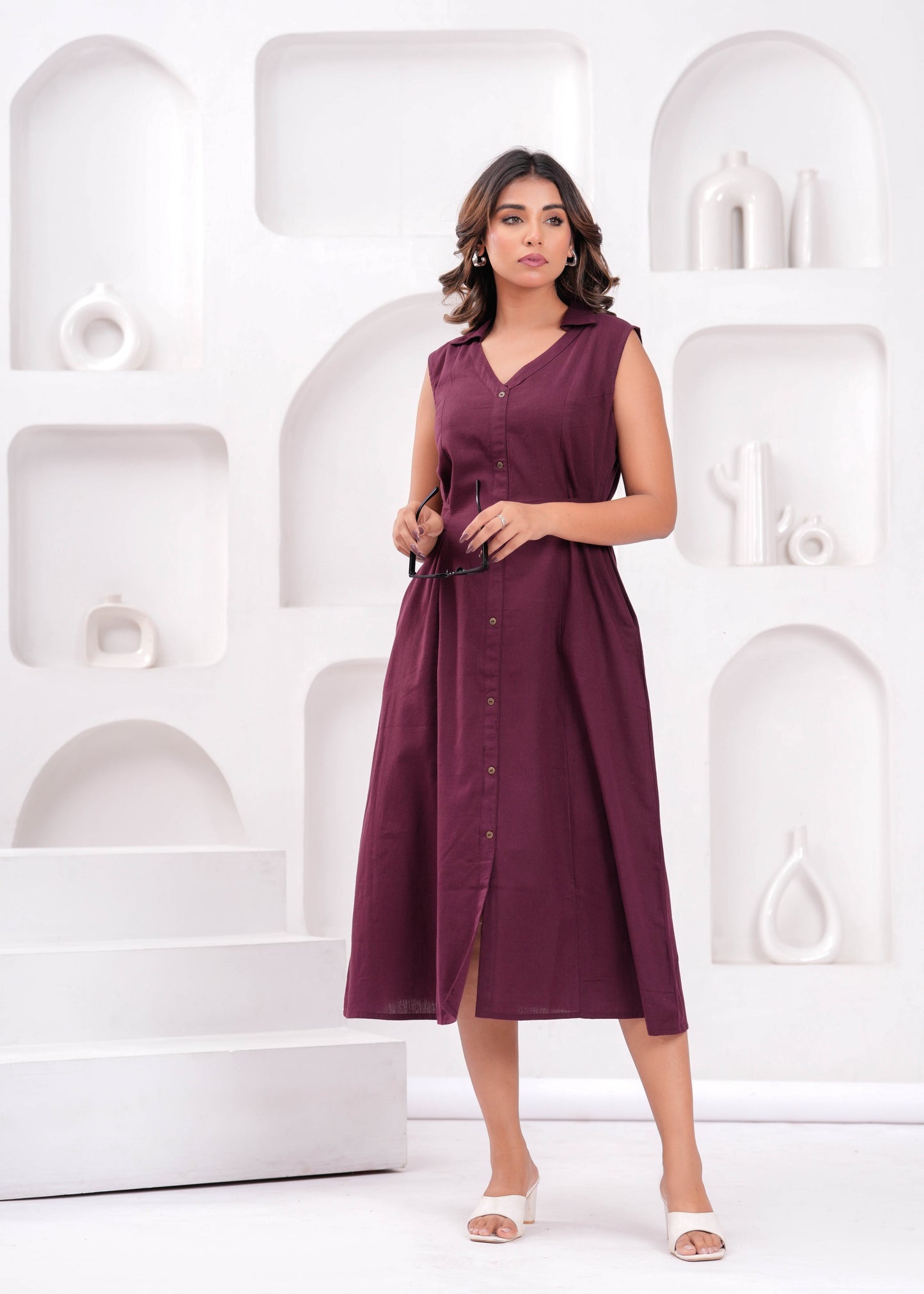 Solid Burgundy Notched Collar Dress for Women | LASVINI - Redefining Indian Fashion with Elegance