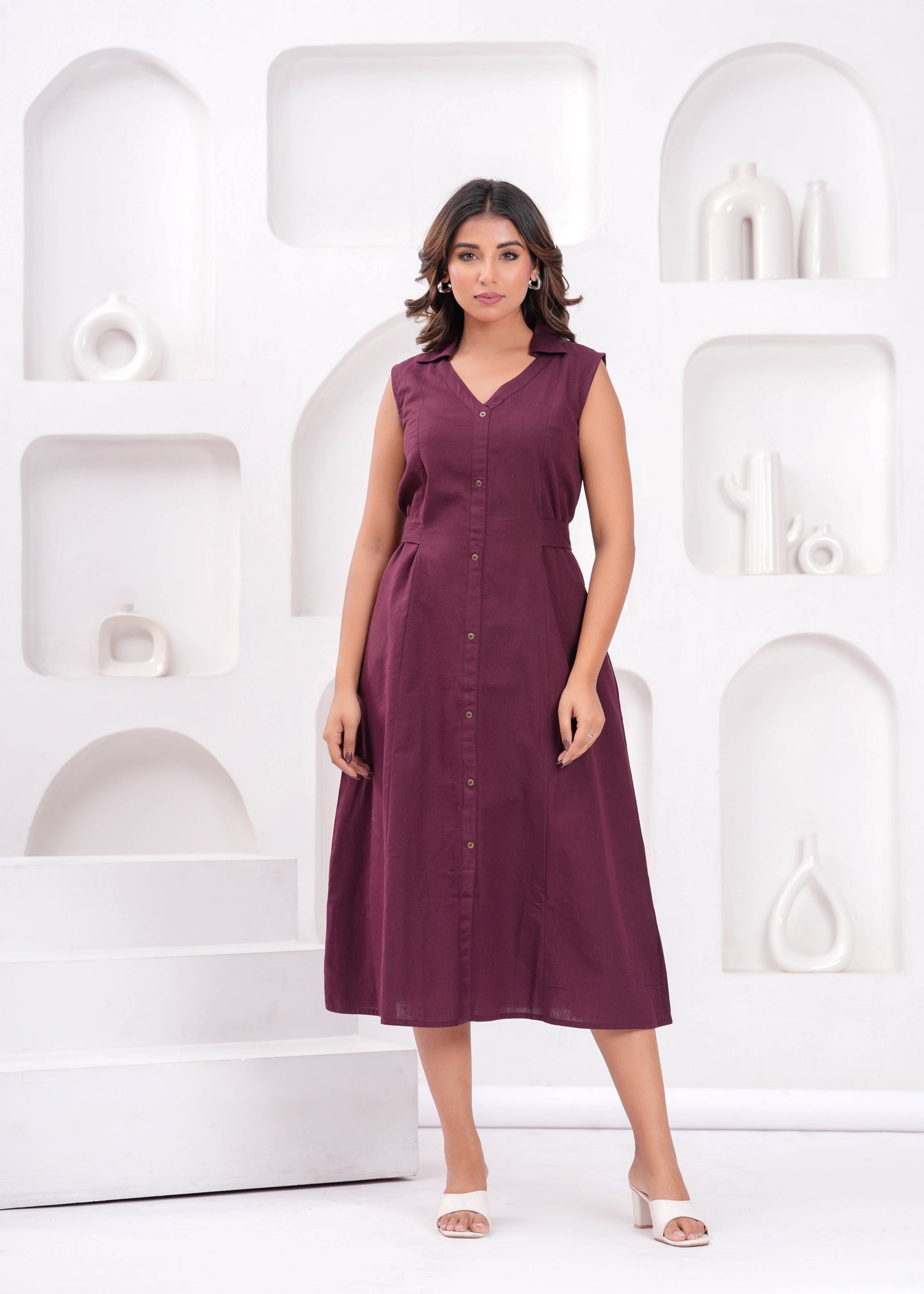 Solid Burgundy Notched Collar Dress for Women | LASVINI - Redefining Indian Fashion with Elegance
