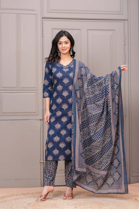 Navy Blue Printed Straight Kurta Set With Dupatta for Women | LASVINI - Redefining Indian Fashion with Elegance