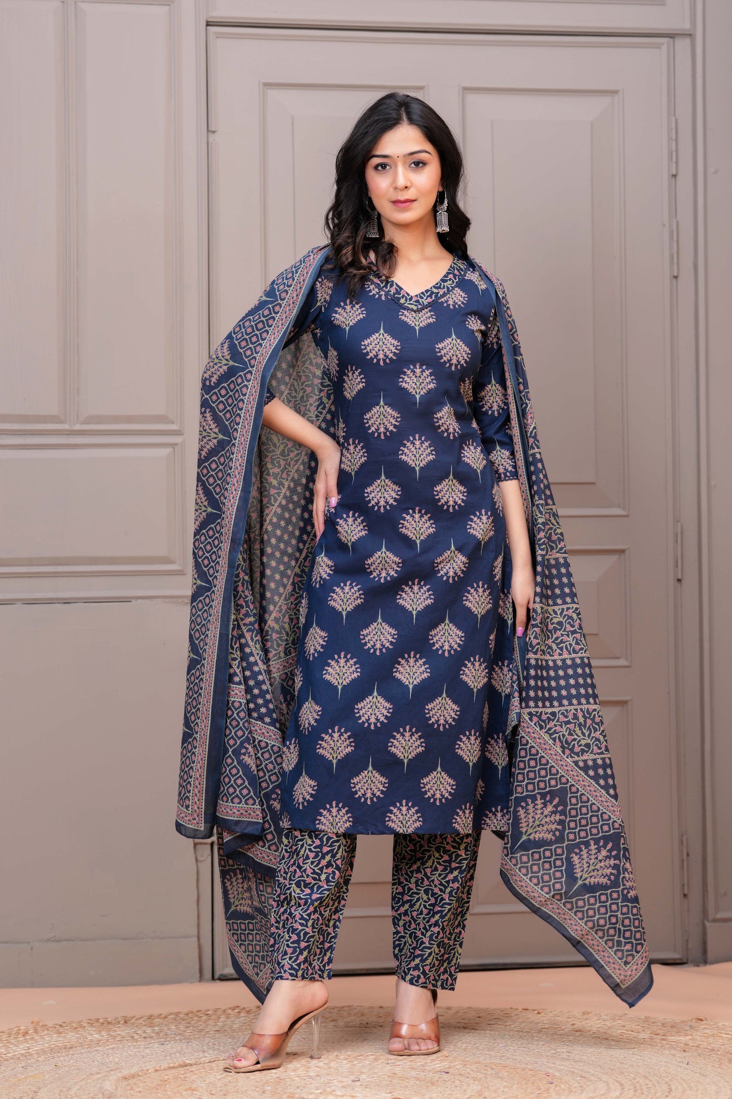 Navy Blue Printed Straight Kurta Set With Dupatta for Women | LASVINI - Redefining Indian Fashion with Elegance