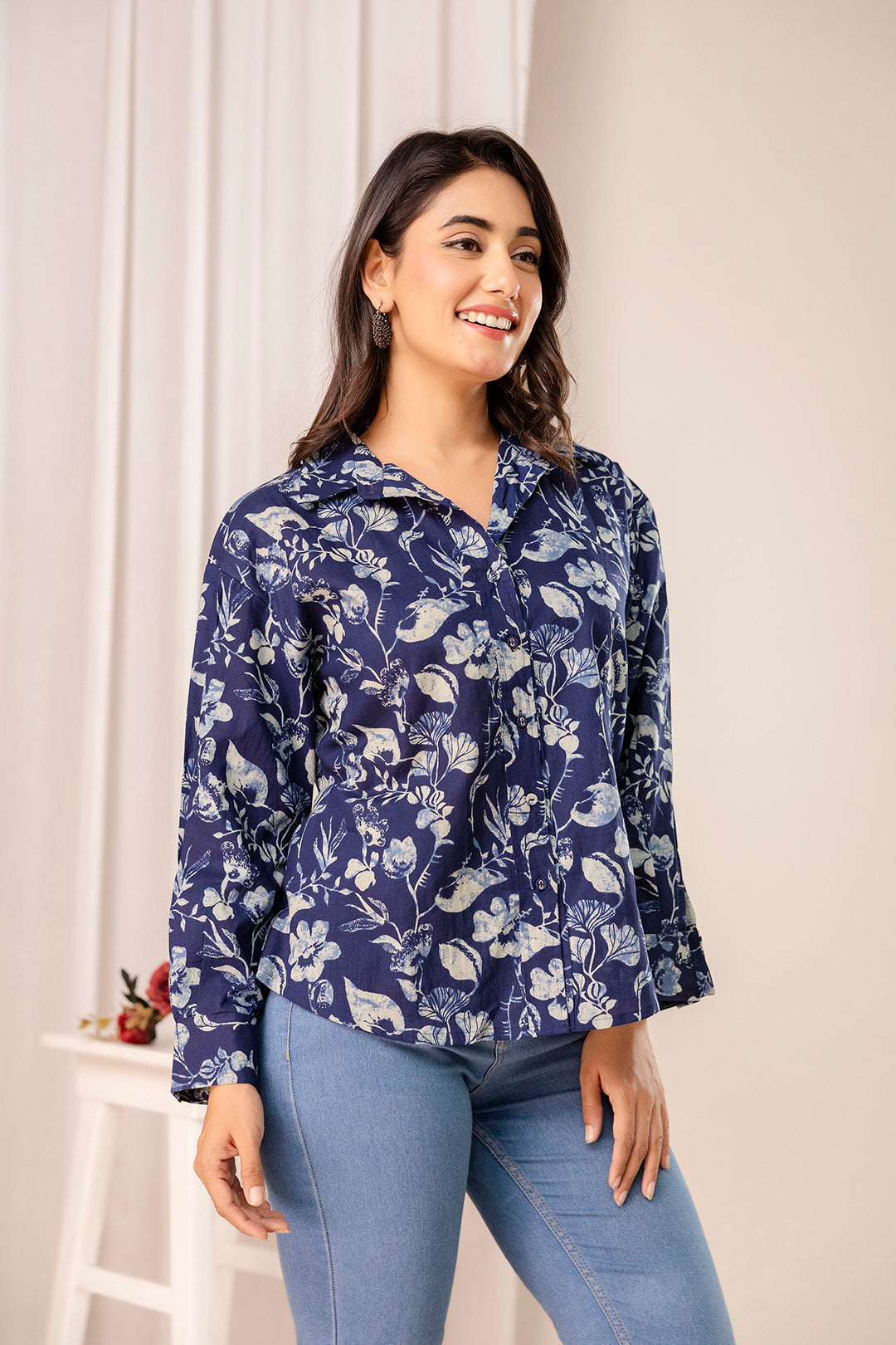 Blue Floral Printed Shirt for Women | LASVINI - Redefining Indian Fashion with Elegance
