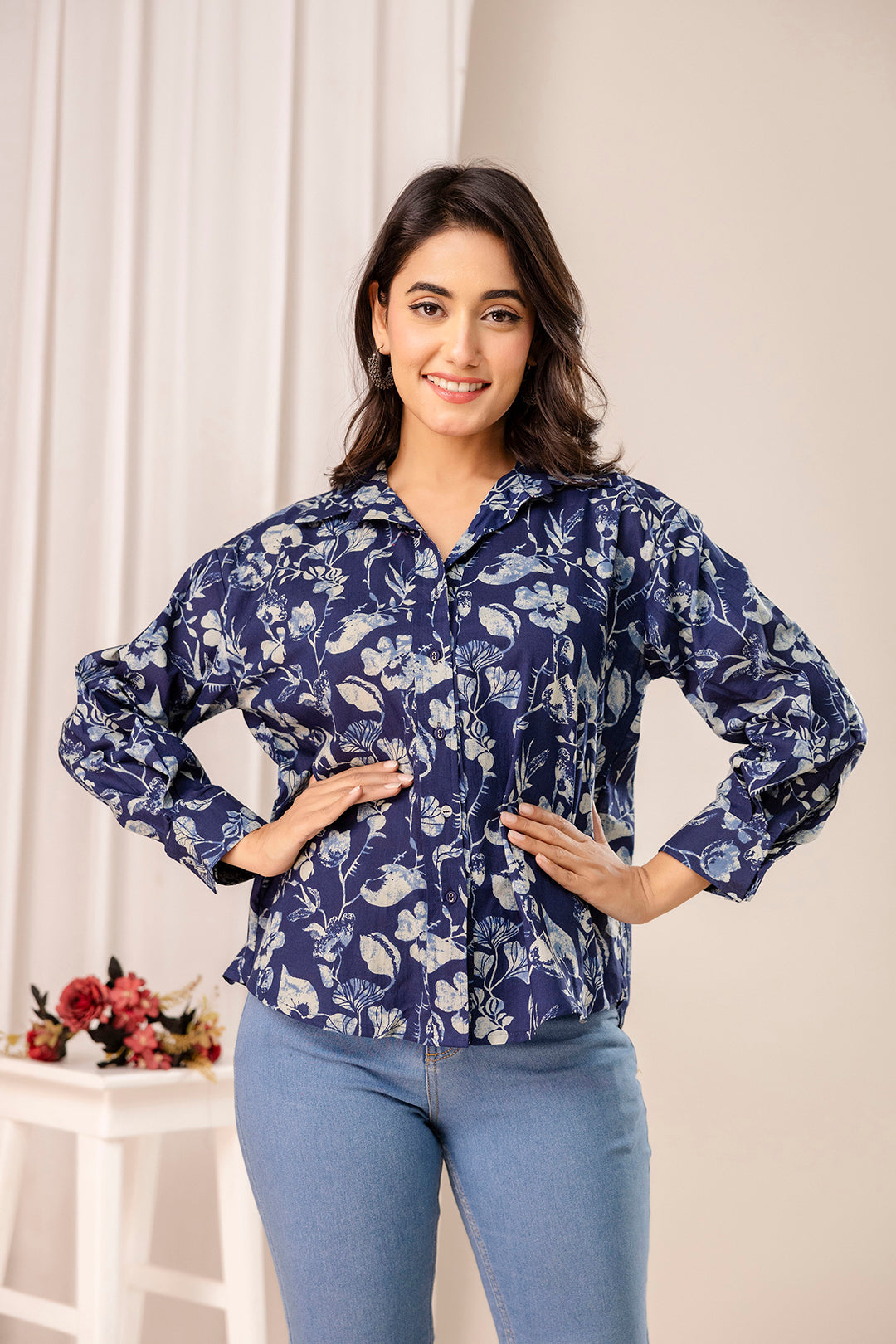 Blue Floral Printed Shirt for Women | LASVINI - Redefining Indian Fashion with Elegance