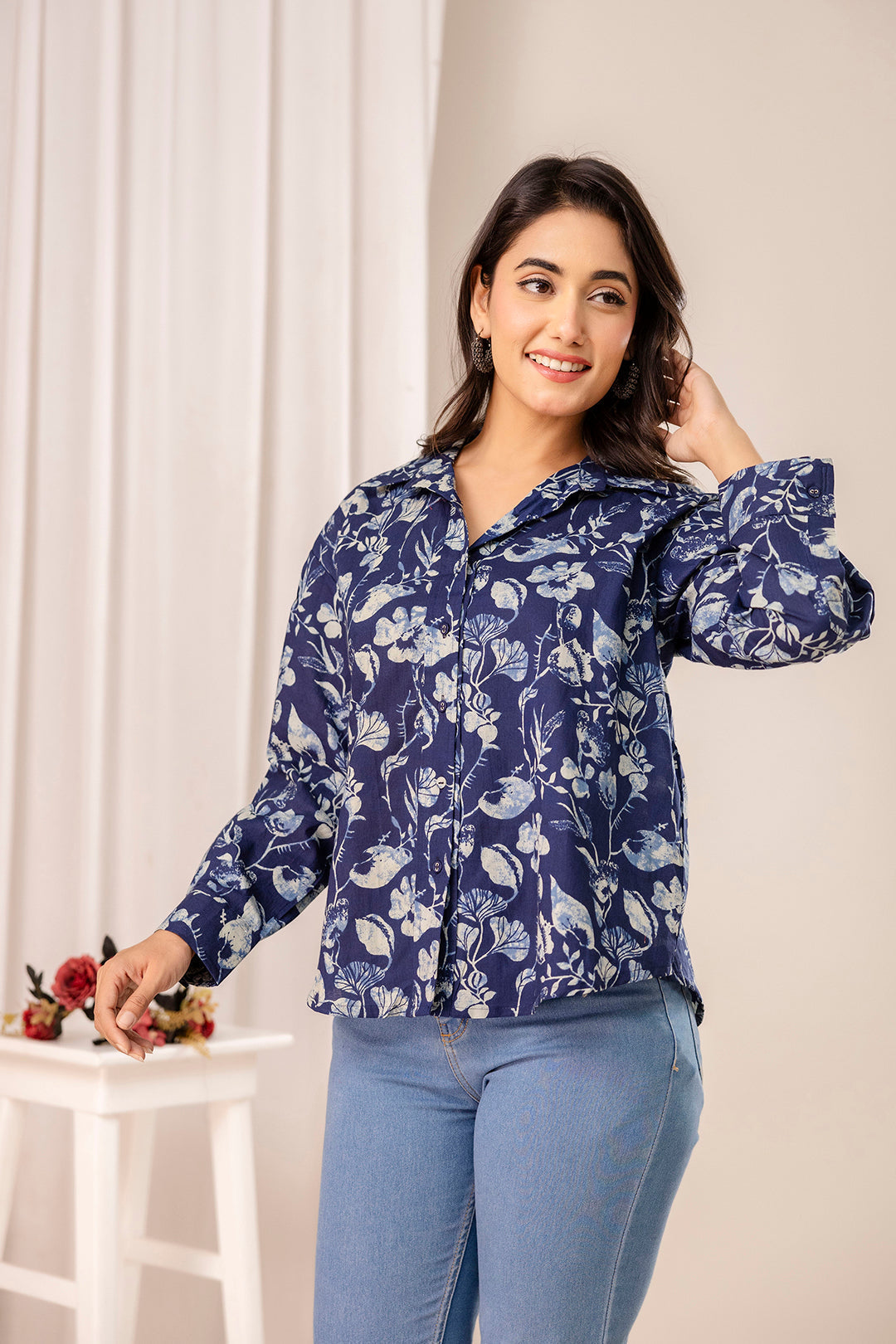 Blue Floral Printed Shirt for Women | LASVINI - Redefining Indian Fashion with Elegance