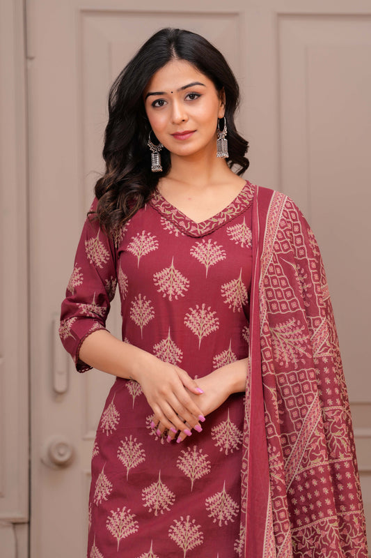 Maroon Printed Straight Kurta Set With Dupatta for Women | LASVINI - Redefining Indian Fashion with Elegance