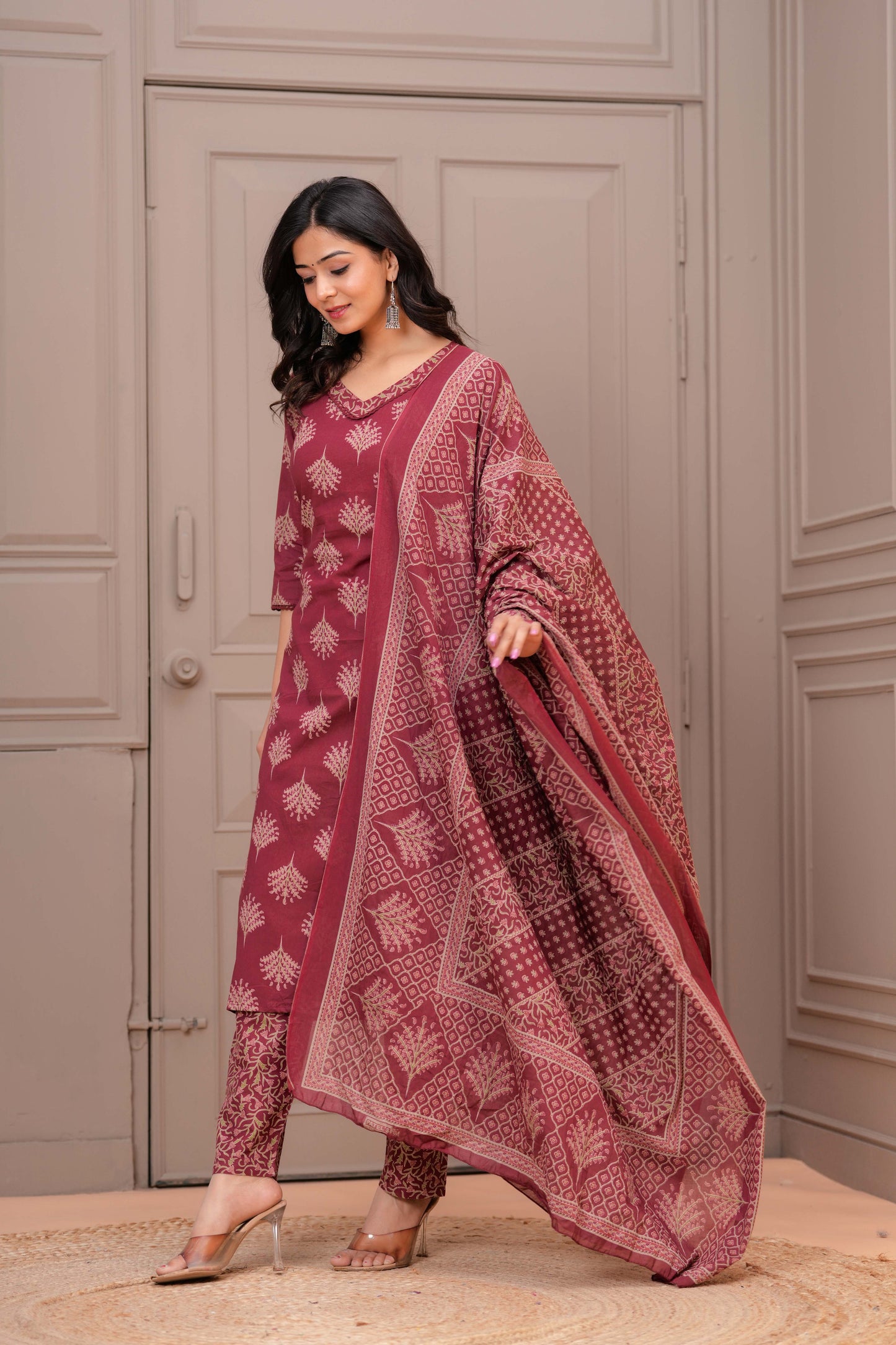 Maroon Printed Straight Kurta Set With Dupatta for Women | LASVINI - Redefining Indian Fashion with Elegance