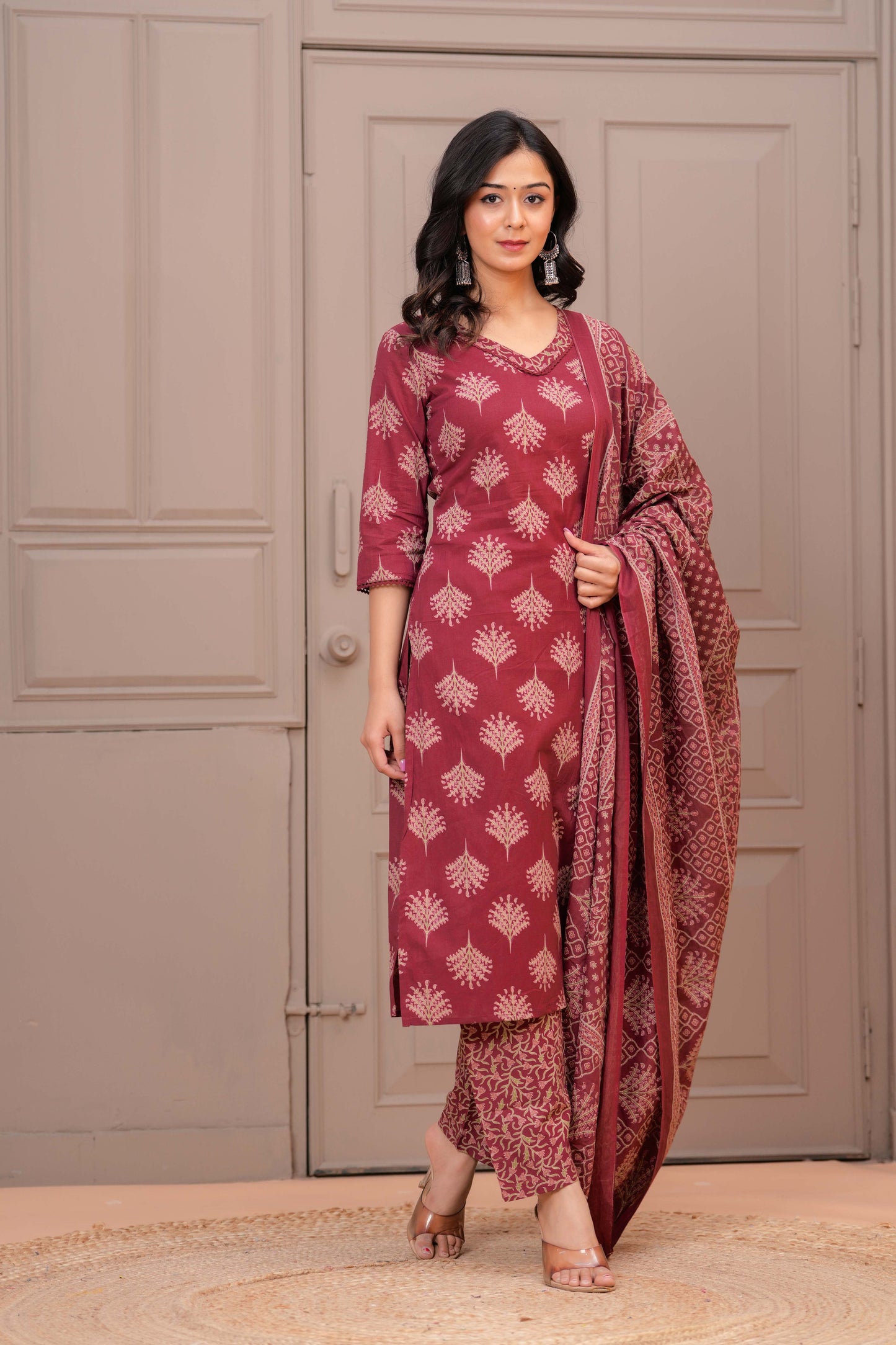 Maroon Printed Straight Kurta Set With Dupatta for Women | LASVINI - Redefining Indian Fashion with Elegance