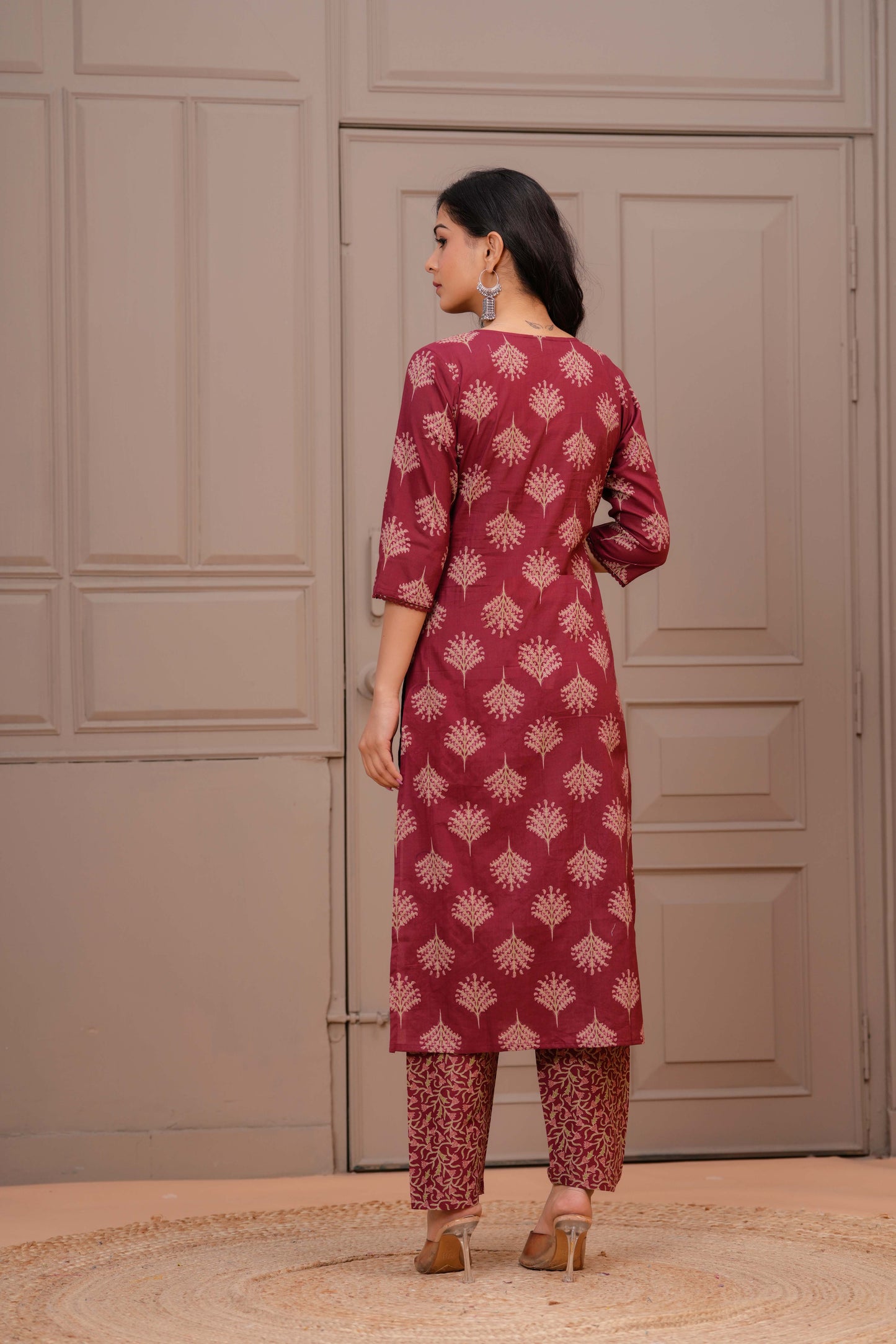 Maroon Printed Straight Kurta Set With Dupatta for Women | LASVINI - Redefining Indian Fashion with Elegance