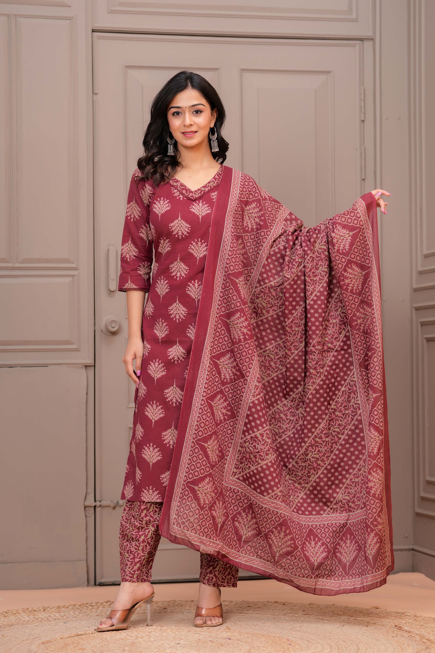 Maroon Printed Straight Kurta Set With Dupatta for Women | LASVINI - Redefining Indian Fashion with Elegance