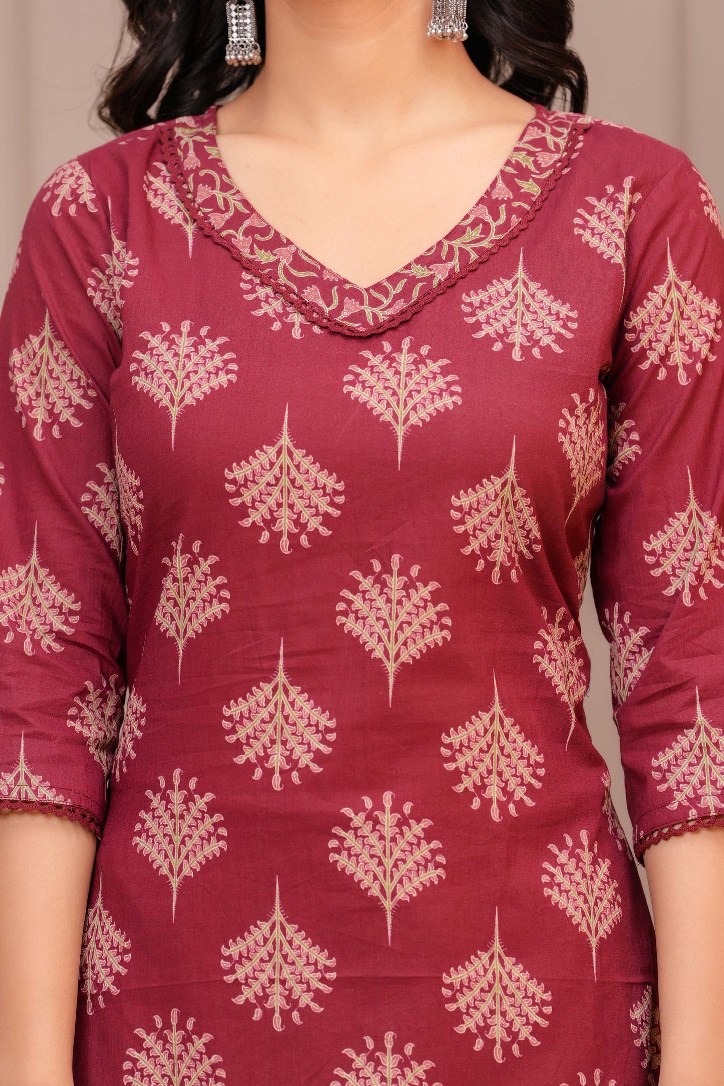 Maroon Printed Straight Kurta Set With Dupatta for Women | LASVINI - Redefining Indian Fashion with Elegance