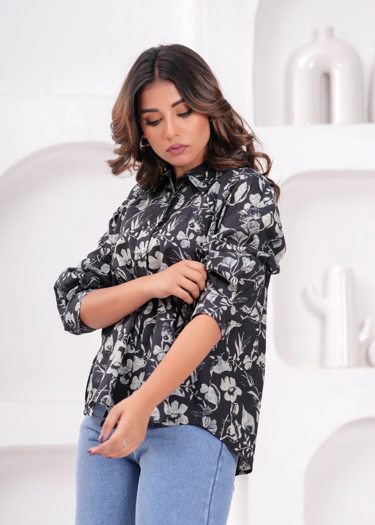 Women Black Printed Shirt Style Top | LASVINI - Redefining Indian Fashion with Elegance