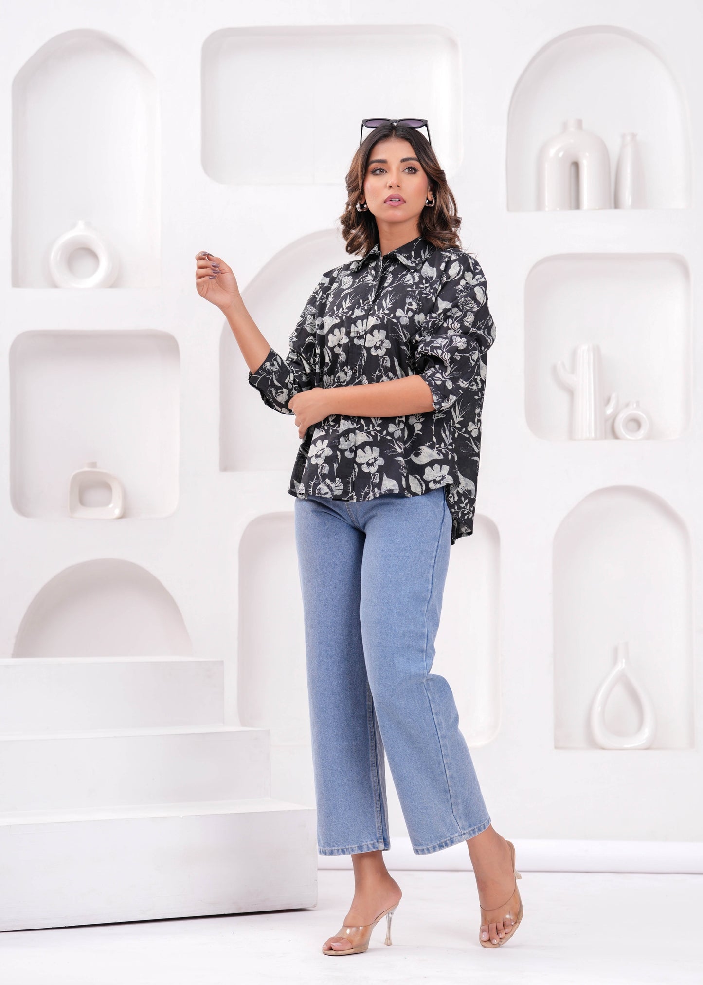 Women Black Printed Shirt Style Top | LASVINI - Redefining Indian Fashion with Elegance