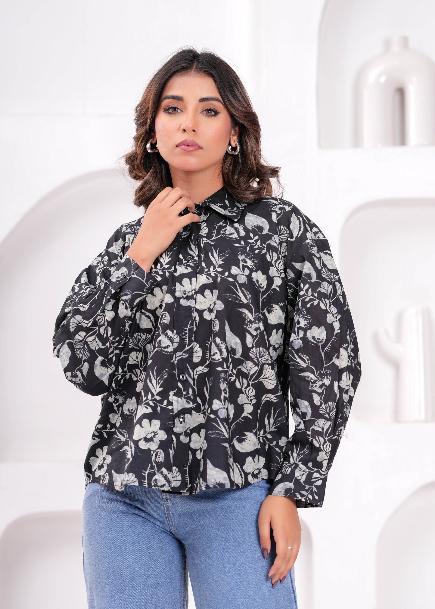 Women Black Printed Shirt Style Top | LASVINI - Redefining Indian Fashion with Elegance