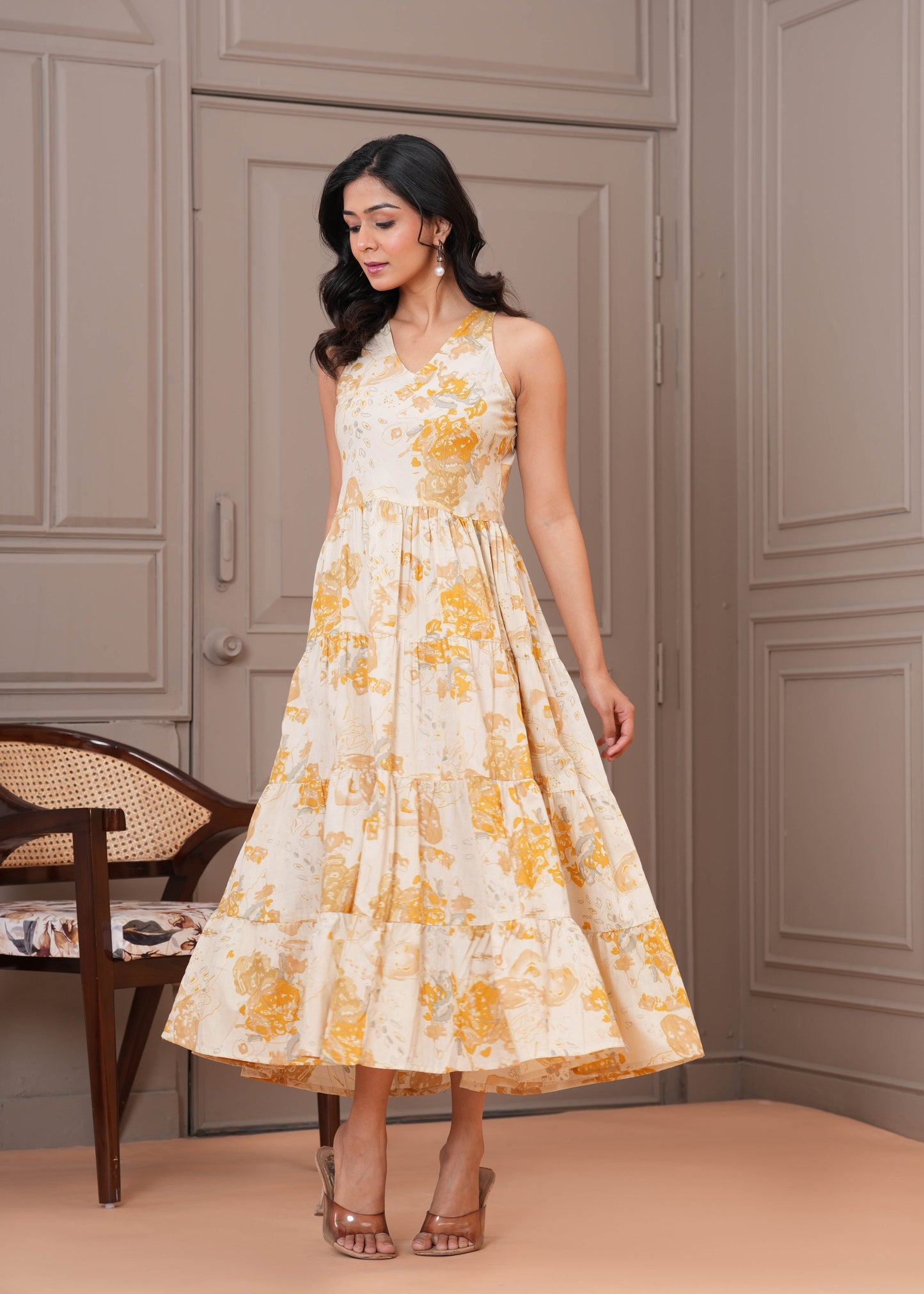 Printed Mustered Halter Neck Dress for Women | LASVINI - Redefining Indian Fashion with Elegance