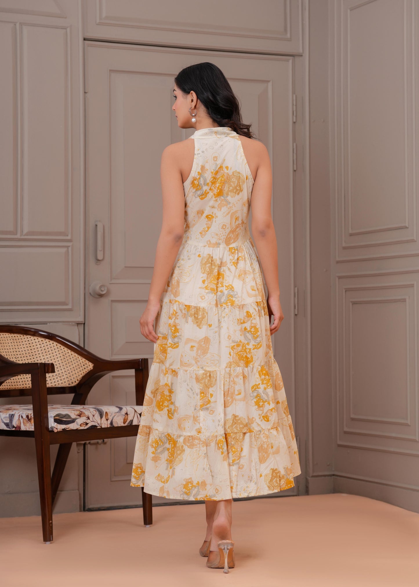 Printed Mustered Halter Neck Dress for Women | LASVINI - Redefining Indian Fashion with Elegance