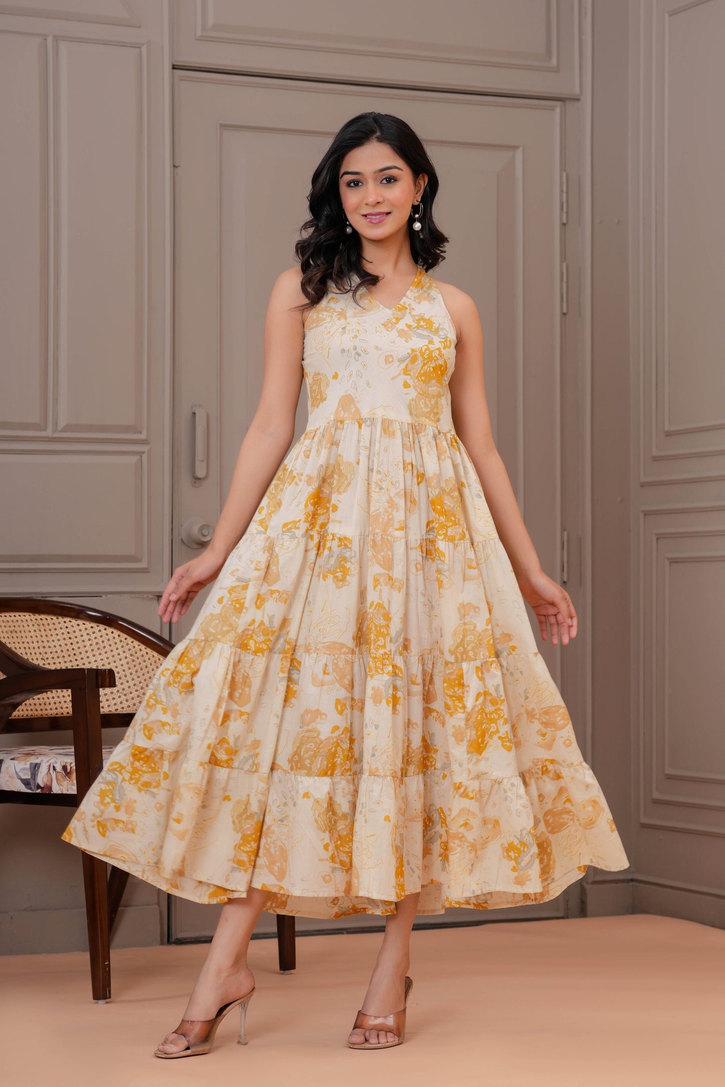 Printed Mustered Halter Neck Dress for Women | LASVINI - Redefining Indian Fashion with Elegance
