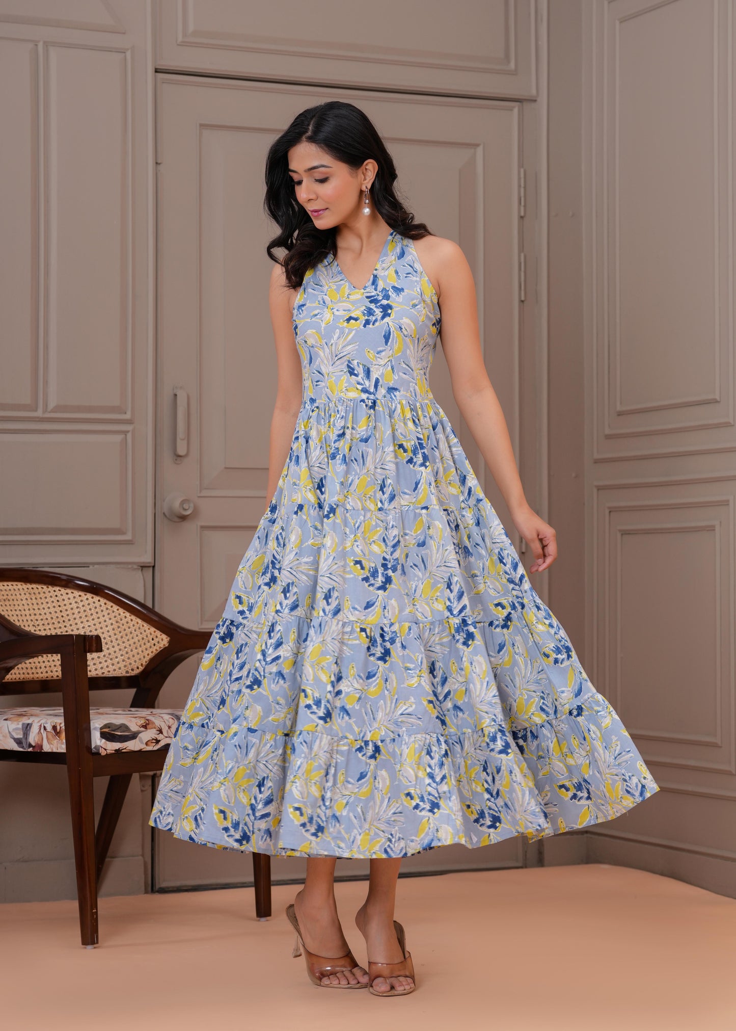 Printed Blue Halter Neck Dress for Women | LASVINI - Redefining Indian Fashion with Elegance