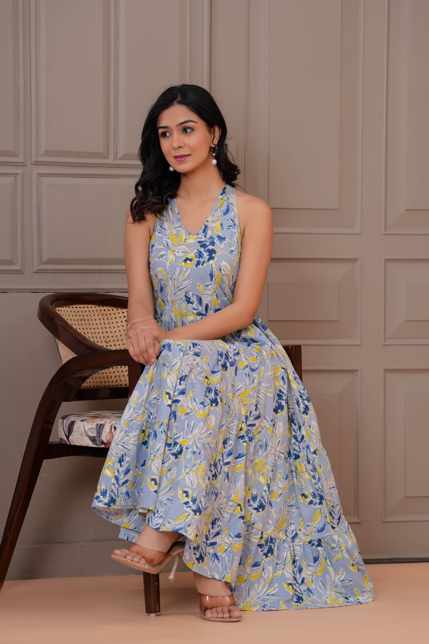 Printed Blue Halter Neck Dress for Women | LASVINI - Redefining Indian Fashion with Elegance