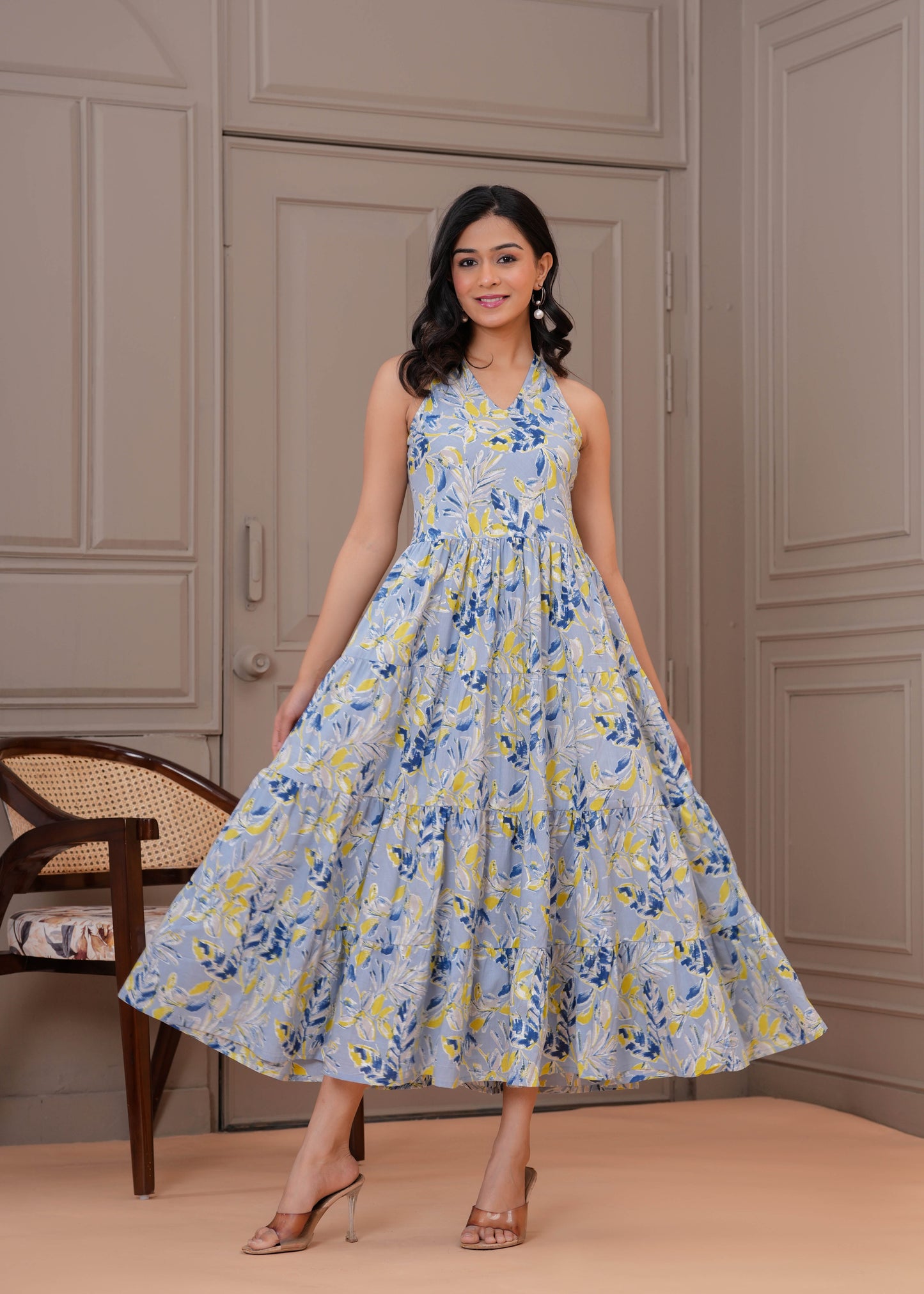 Printed Blue Halter Neck Dress for Women | LASVINI - Redefining Indian Fashion with Elegance