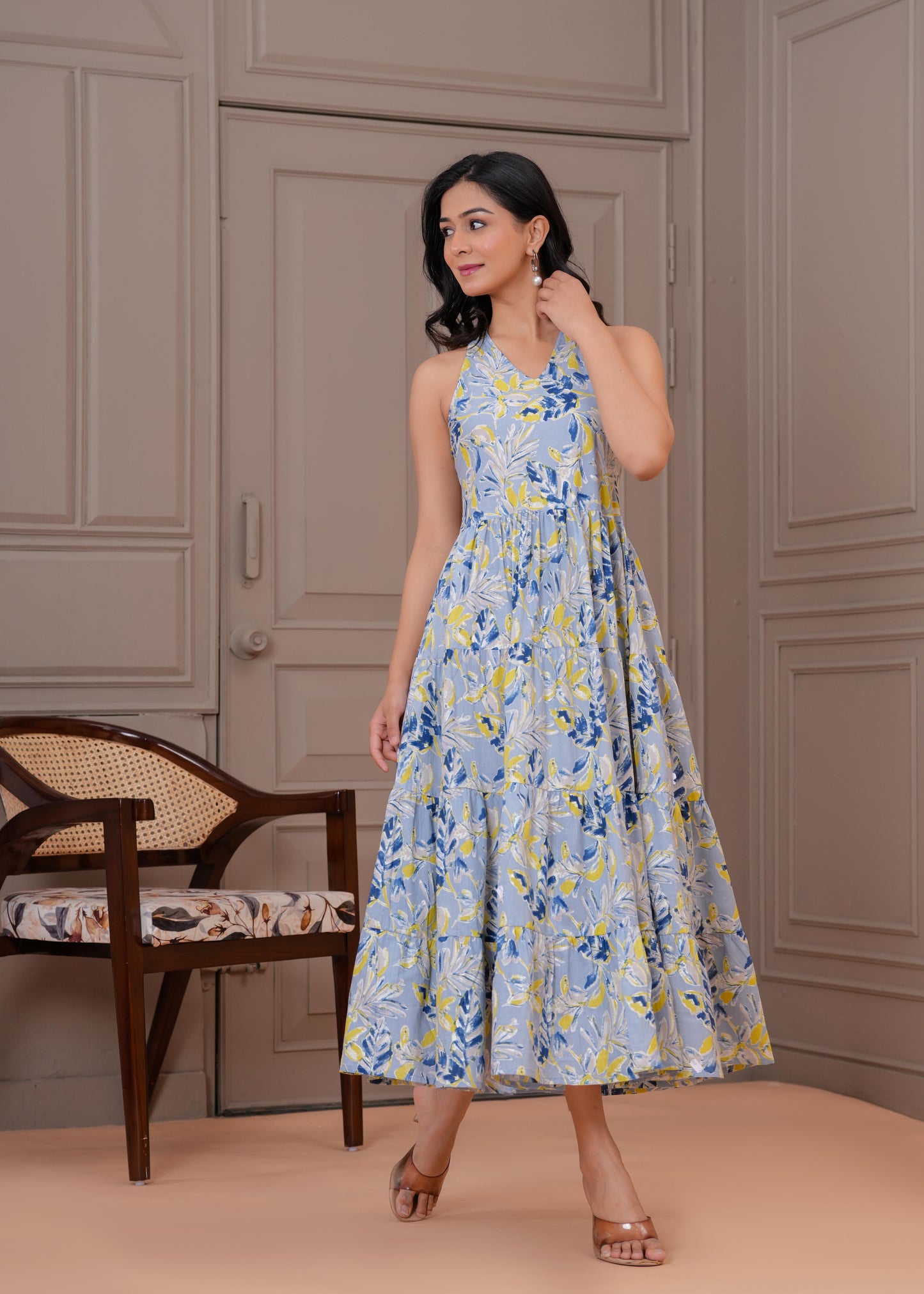 Printed Blue Halter Neck Dress for Women | LASVINI - Redefining Indian Fashion with Elegance