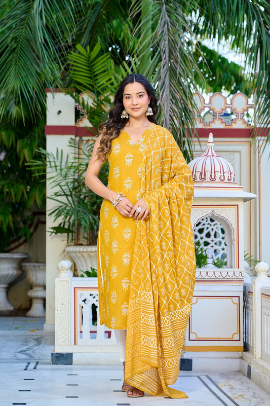 Yellow Sleeveless Kurta Set with Dupatta | LASVINI - Redefining Indian Fashion with Elegance