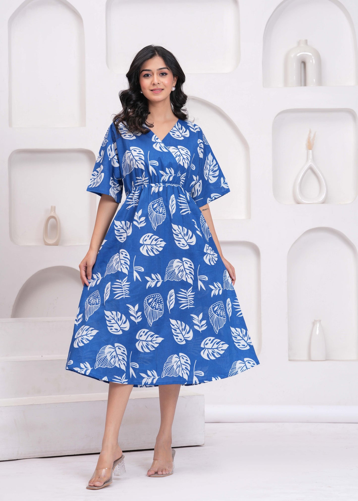 Blue Printed Midi Dress for Women | LASVINI - Redefining Indian Fashion with Elegance