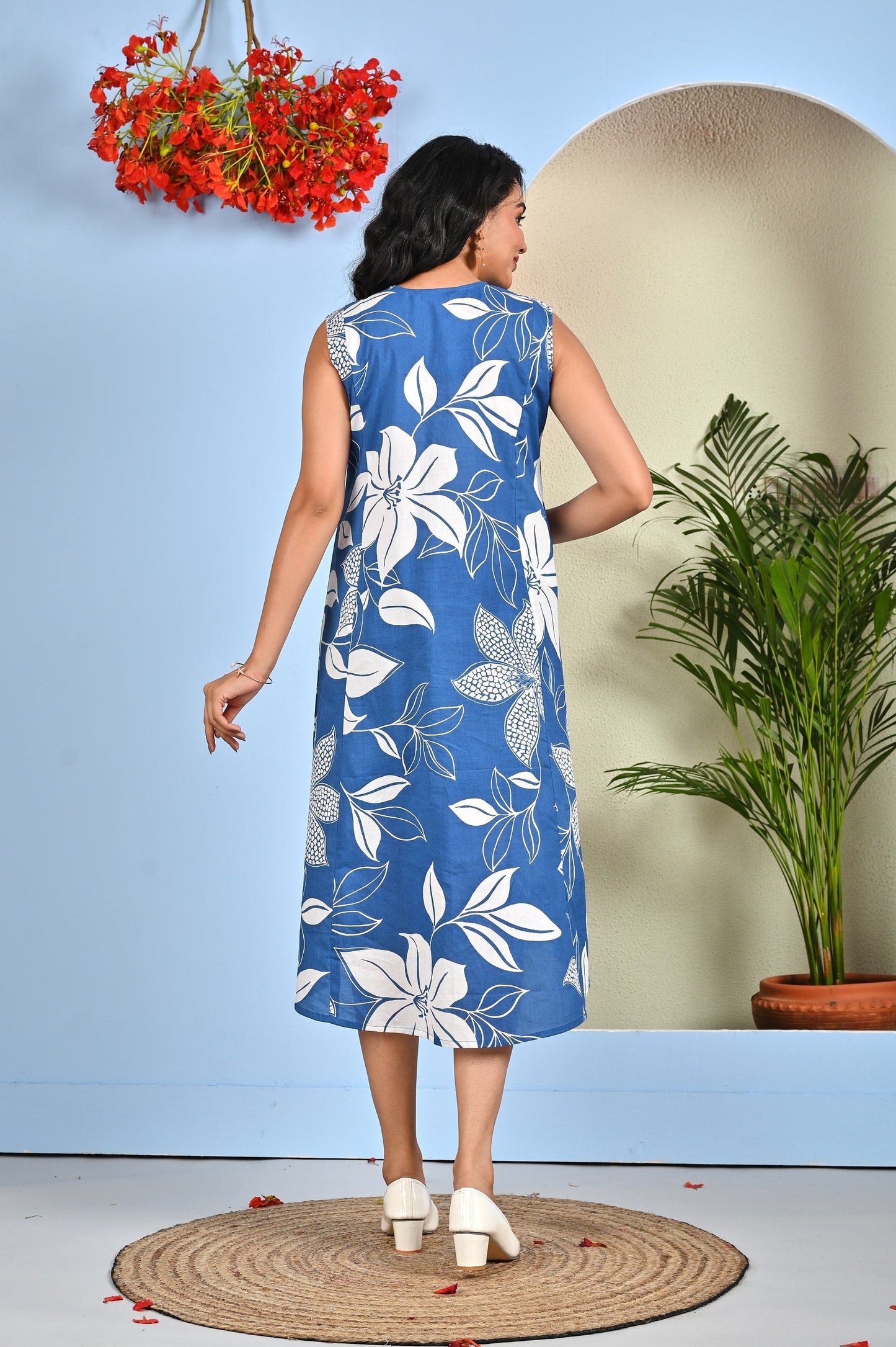 Blue Printed Midi Dress for Women | LASVINI - Redefining Indian Fashion with Elegance