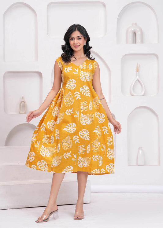 Yellow Printed Midi Dress for Women | LASVINI - Redefining Indian Fashion with Elegance