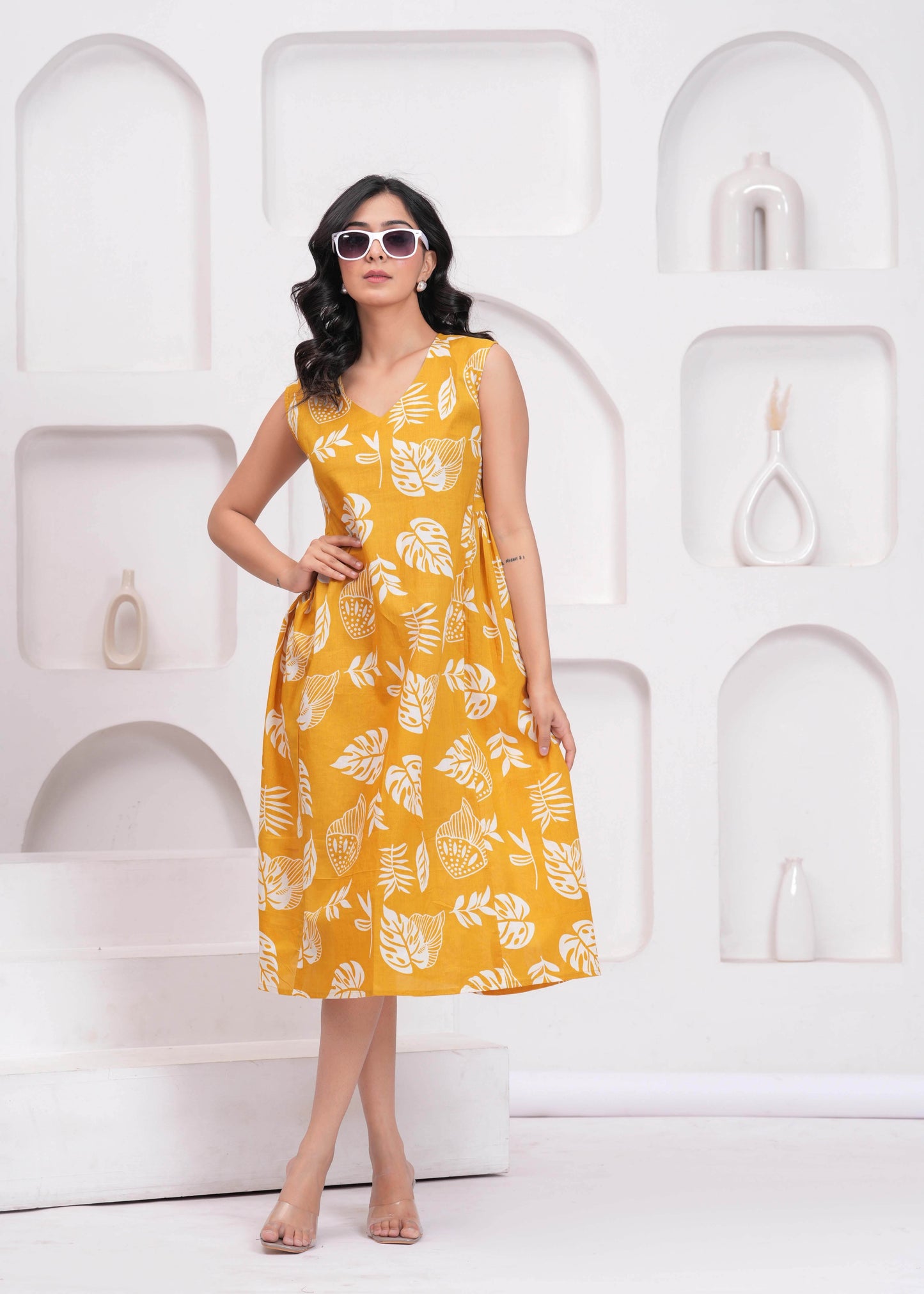 Yellow Printed Midi Dress for Women | LASVINI - Redefining Indian Fashion with Elegance