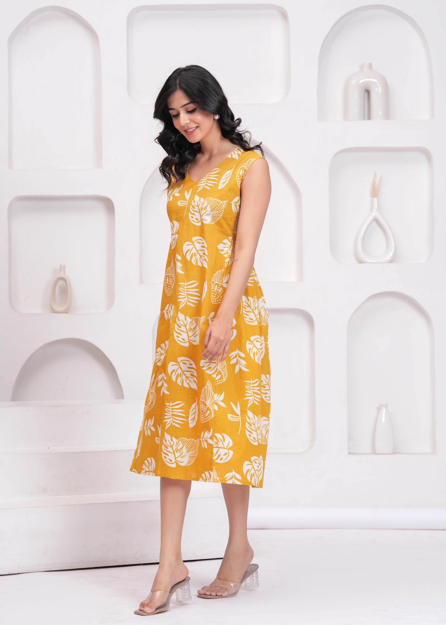 Yellow Printed Midi Dress for Women | LASVINI - Redefining Indian Fashion with Elegance