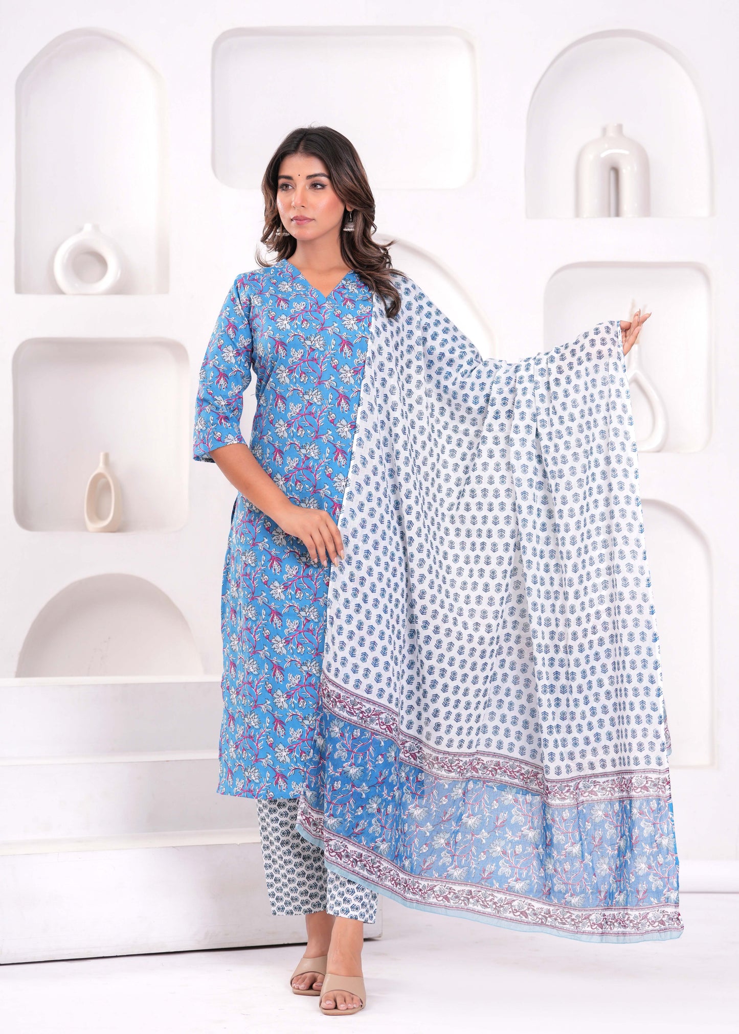 Blue Printed Kurta Set with Dupatta for Women | LASVINI - Redefining Indian Fashion with Elegance
