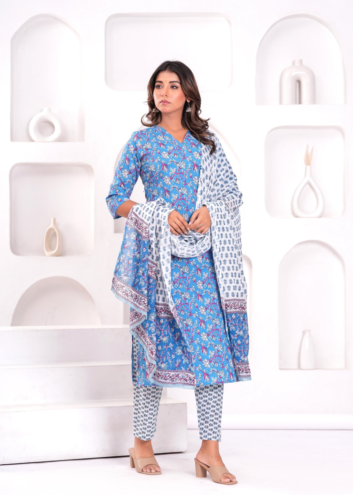 Blue Printed Kurta Set with Dupatta for Women | LASVINI - Redefining Indian Fashion with Elegance