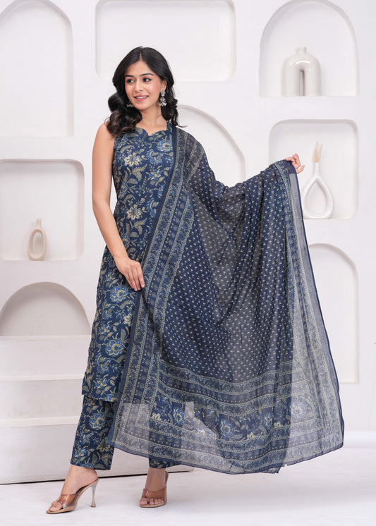 Blue Floral Printed Kurta Set with Dupatta for Women | LASVINI - Redefining Indian Fashion with Elegance