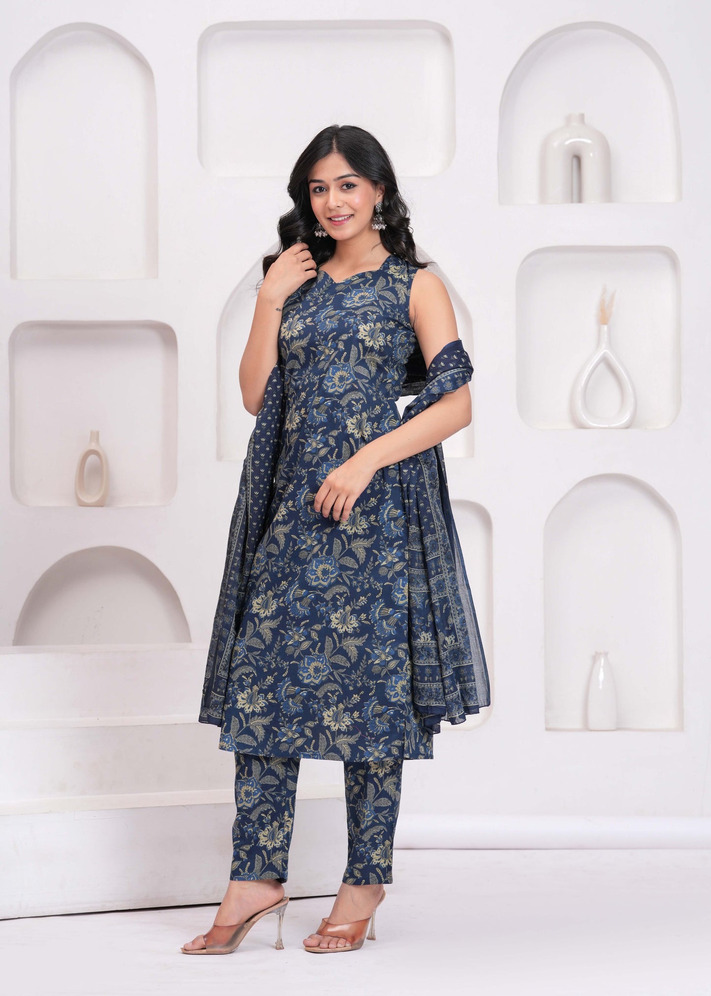 Blue Floral Printed Kurta Set with Dupatta for Women | LASVINI - Redefining Indian Fashion with Elegance