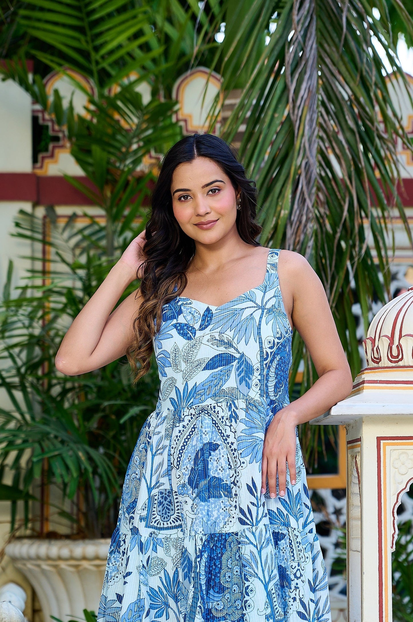 Blue Printed Tired Dress for Women | LASVINI - Redefining Indian Fashion with Elegance