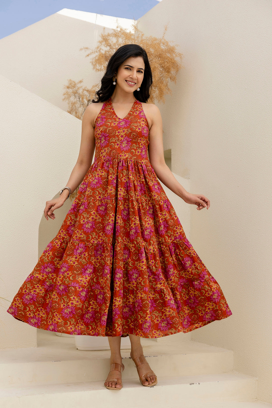 Printed Rust Halter Neck Dress for Women | LASVINI - Redefining Indian Fashion with Elegance