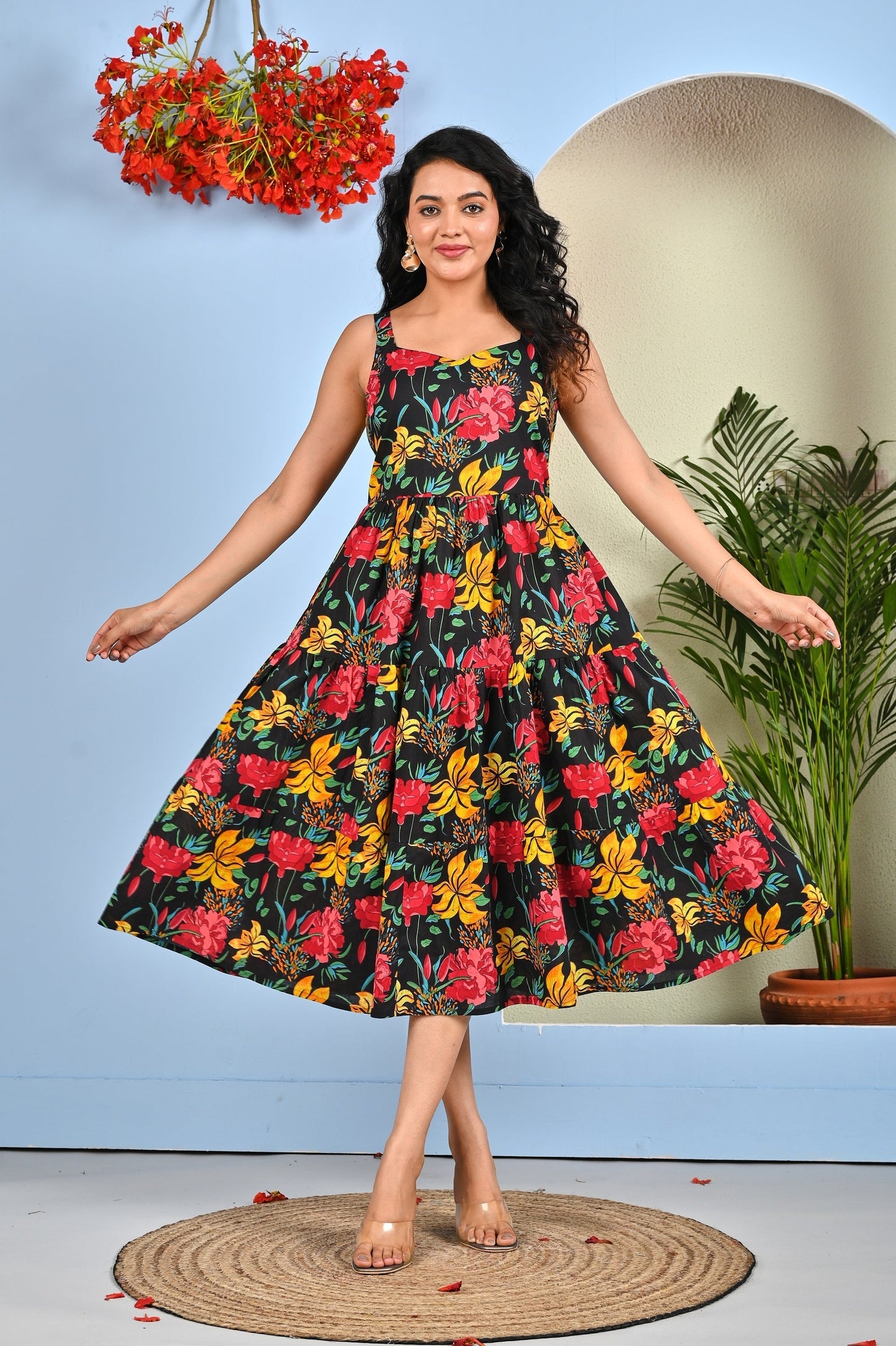Black Floral Printed Dress for Women | LASVINI - Redefining Indian Fashion with Elegance